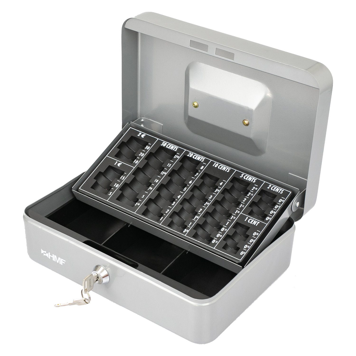 cm Schlüssel, mit Scheinfach, Bargeldkasse Geldbox HMF mit 25x18x9 robuste Münzzählbrett abschließbare Geldkassette silber und