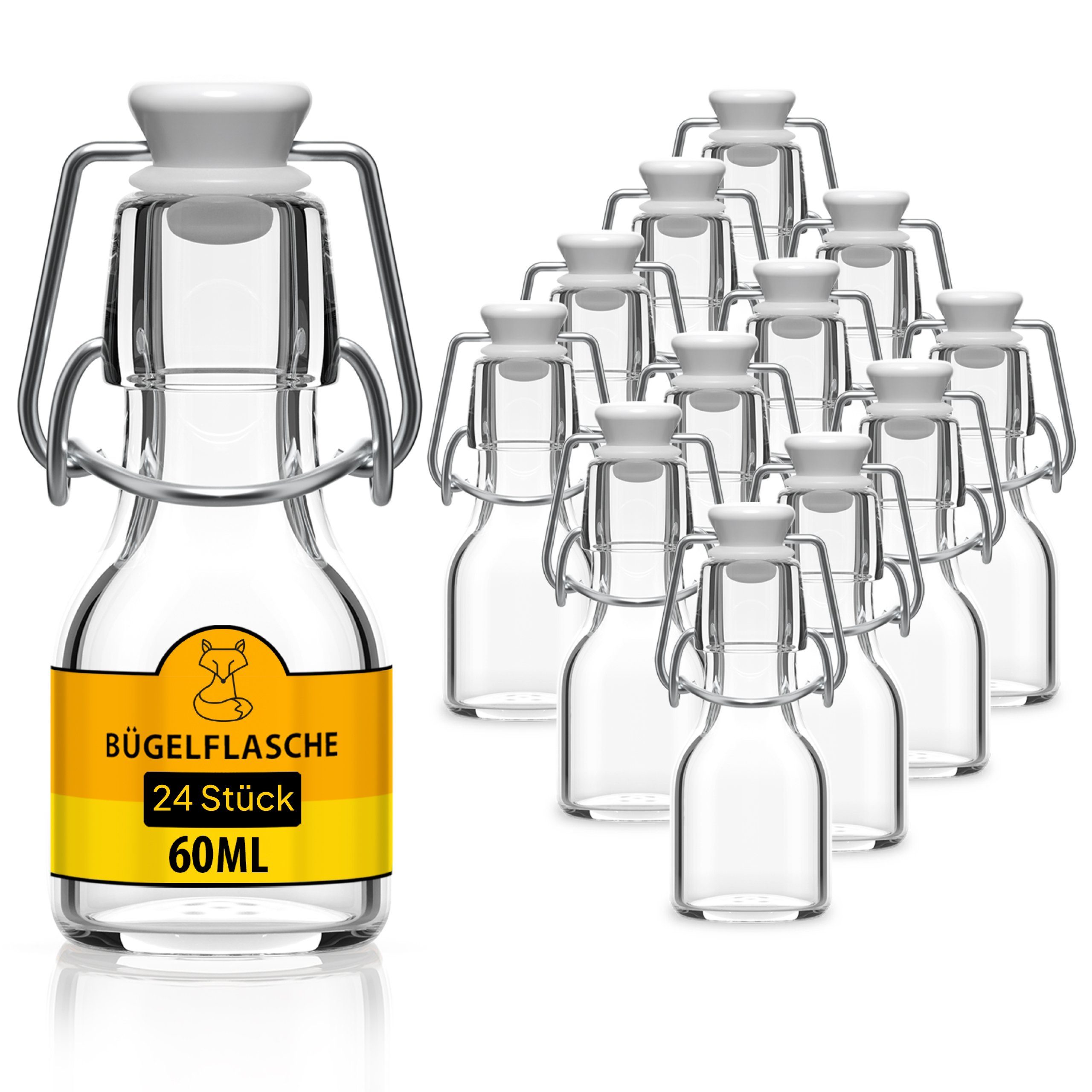 Flaschen-Fuchs Vorratsglas 60ml Flaschen zum befüllen Bügelverschluss Schnaps Likörflaschen, Glas, (24er Set)
