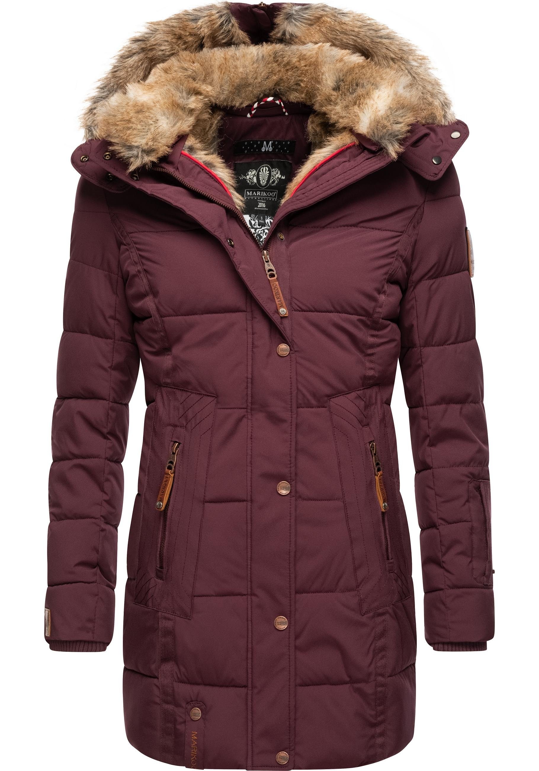 Marikoo Wintermantel Lieblings Jacke stylischer Winter Steppmantel m. Kunstpelz-Kapuze weinrot