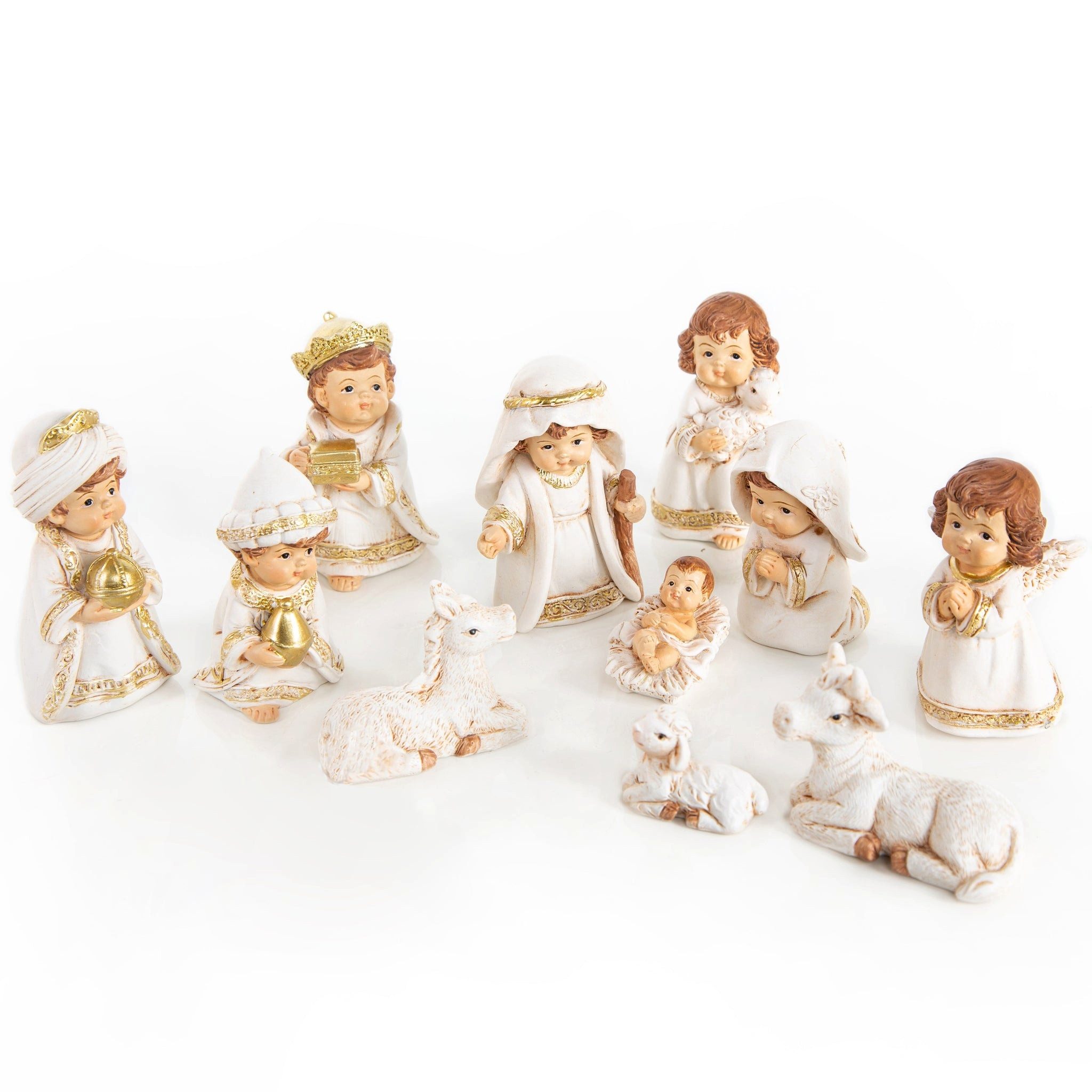 Logbuch-Verlag Krippen-Zubehör 11-teilige kindliche Weihnachtskrippe in Gold und Weiß, ca. 7,5 cm