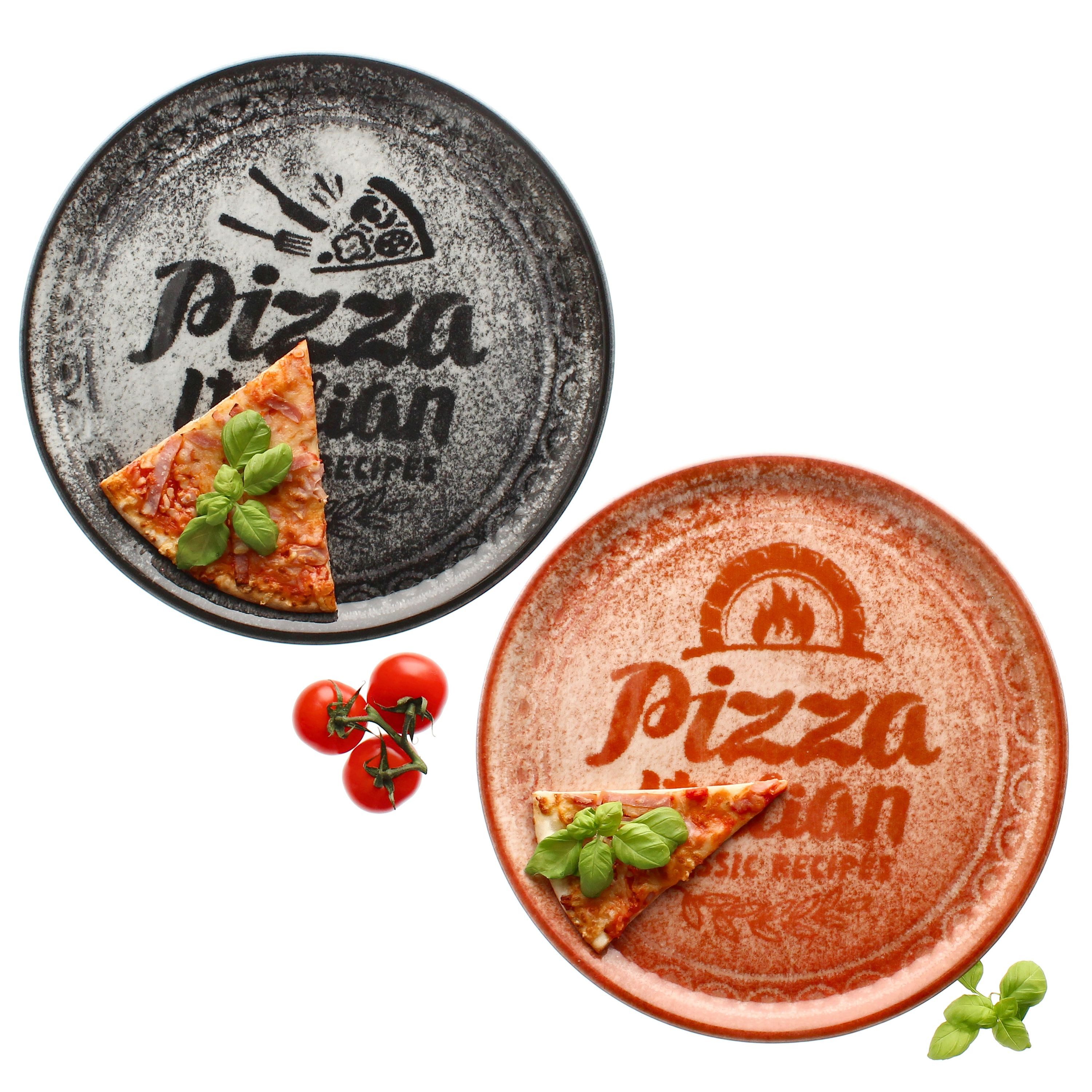 Pizzateller 2x Pizzateller rot & schwarz Ø31cm 2 Personen XL-Teller Dekor Platte