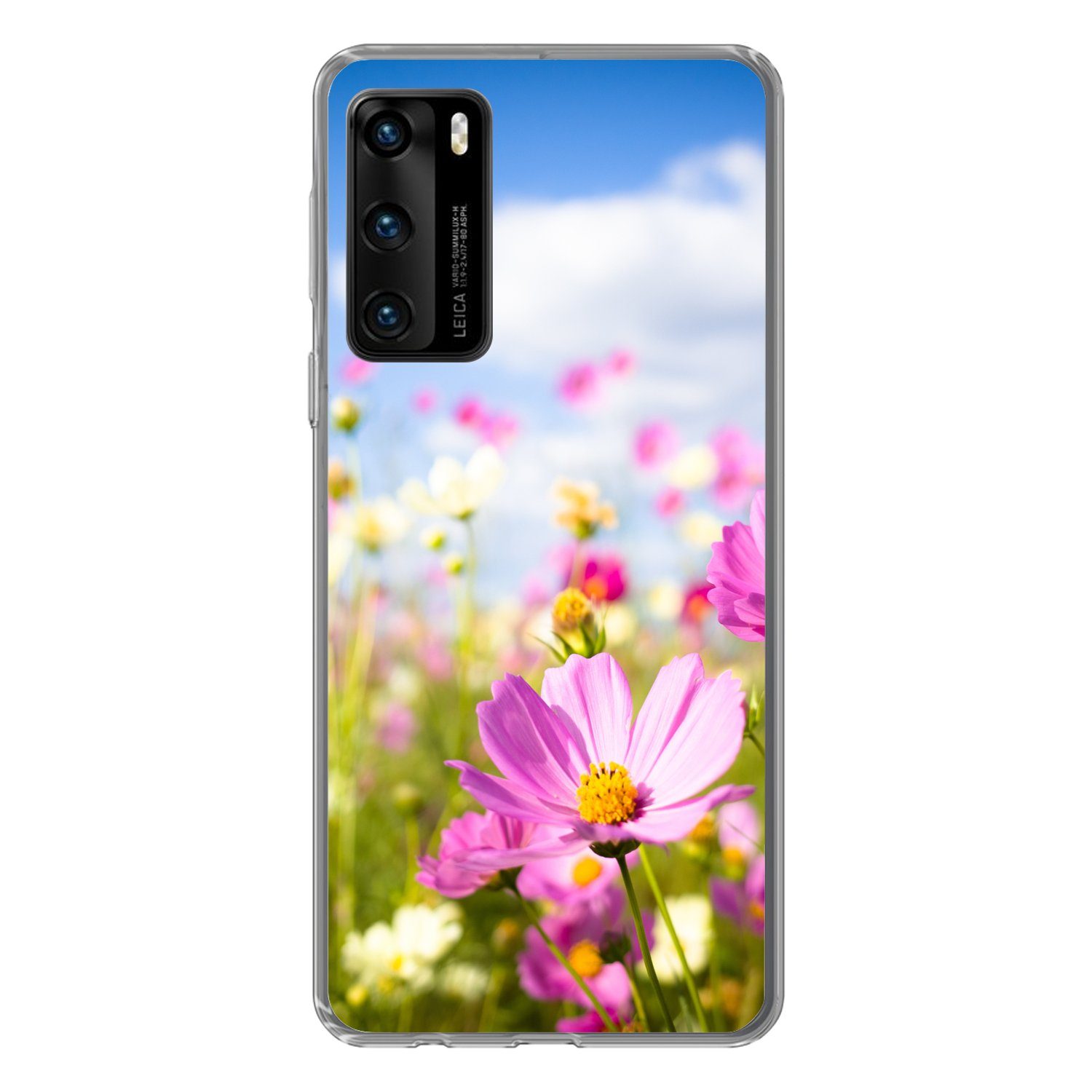 MuchoWow Handyhülle für Huawei P40 Blumen - Wiese - Lila - Gras - Weiß - Wolken - Blau, Handy Case, Silikon, Bumper Case Dünn