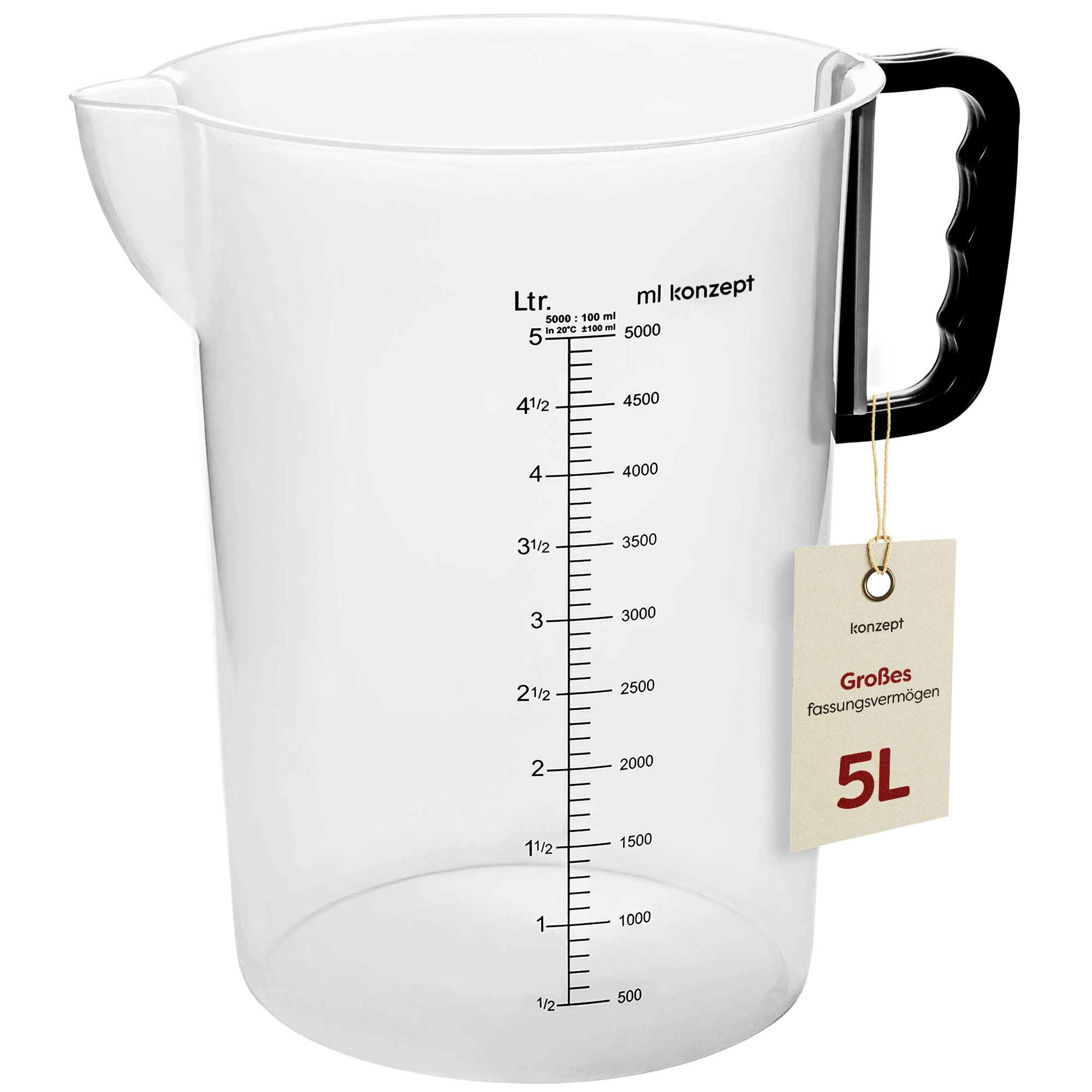 KONZEPT Messbecher Großer 5L – chemikalienbeständig, spülmaschinengeeignet, mit Griff, Skala in ml & l, ideal für Garten, Landwirtschaft & Gastro