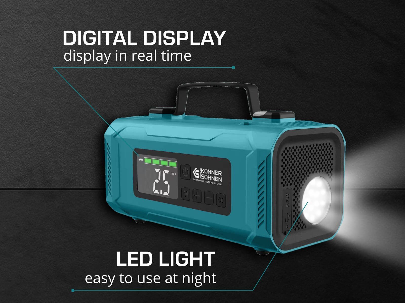 Könner & Söhnen KS JSP-2000 Car Battery Charger (Lithium-ion battery 14800 mAh, 1-piece, pneumatic pressure 140 psi, inflation speed 22 l/min, digital display, emergency LED flashlight, power bank)