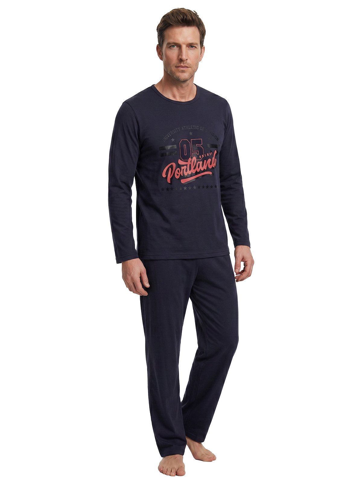 Henry Terre Pyjama Langarm - Mit Aufdruck T-Shirt Style komfortabler Schnitt ohne Knöpfe
