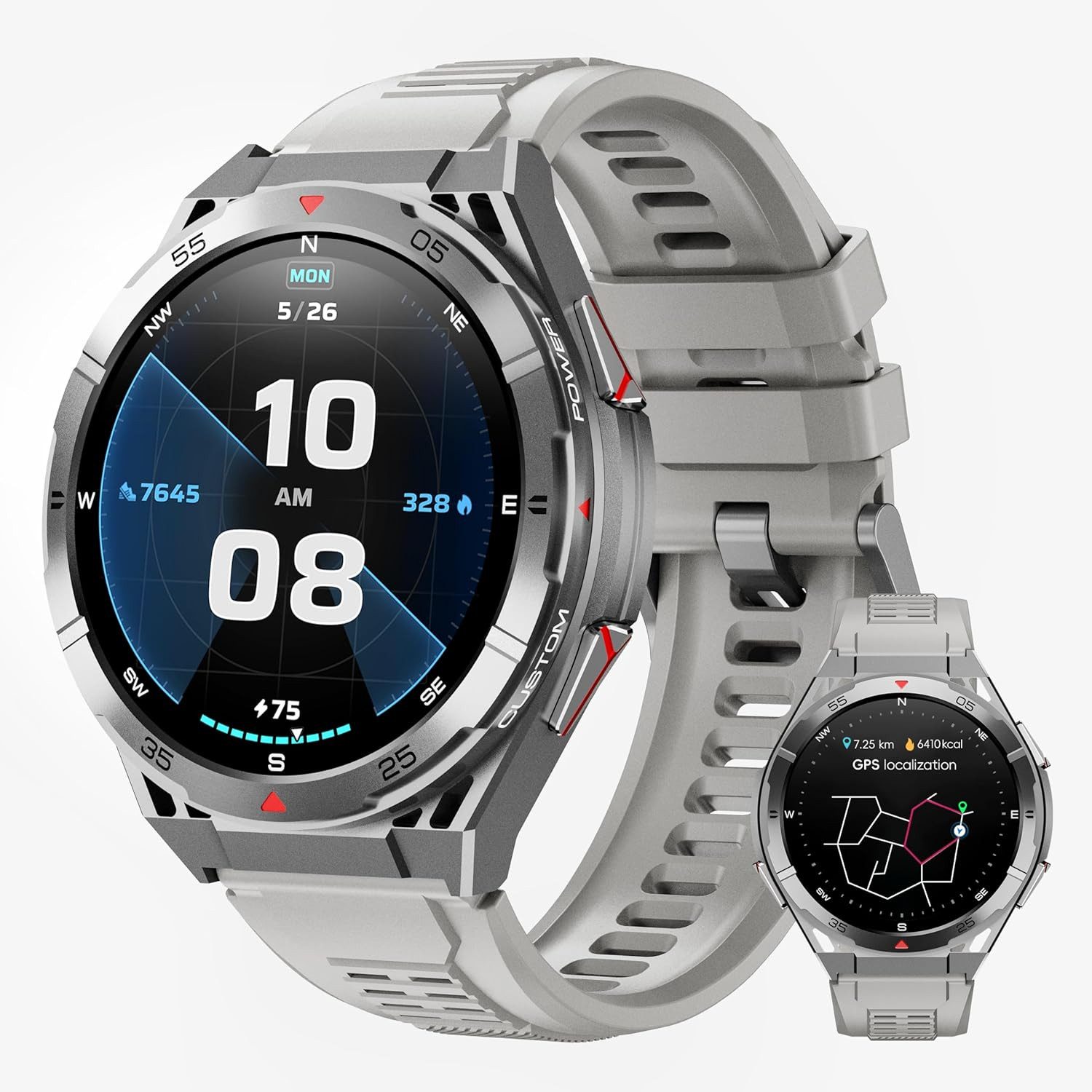 OUKITEL Herren's GPS - 5ATM Wasserdicht Militär Fitnessuhr Smartwatch (1,43 Zoll, Android/iOS), Kompass Luftdruck, 480mAh Akku 100+ Sportmodi, mit AMOLED Display Herzfrequenz Oxymetrie Schlafüberwachung