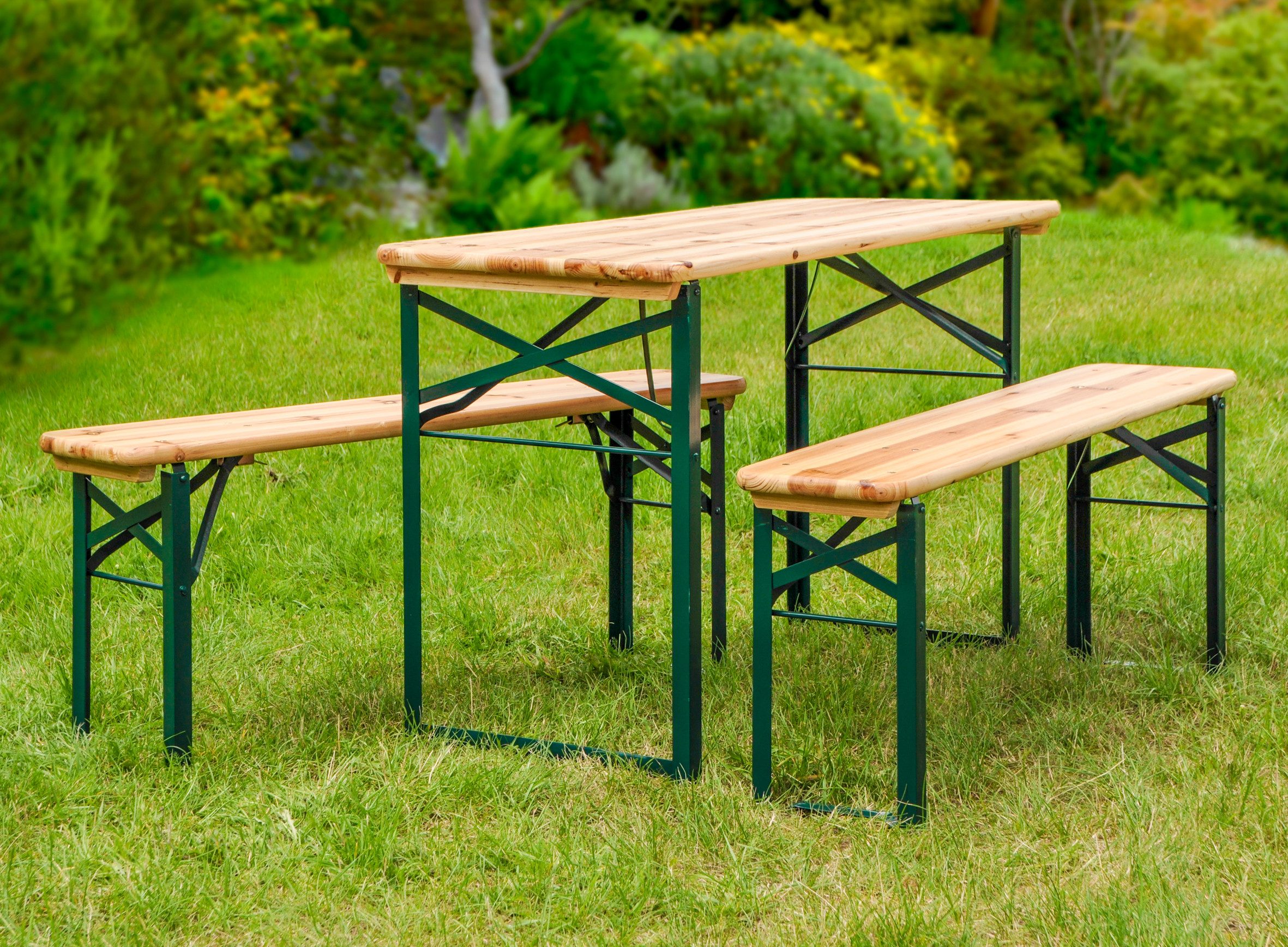 steinwohn Bierzeltgarnitur 3-teilig 110cm lang, 1 x Tisch 2 x Bank, aus Holz mit lackiertem Stahlgestell