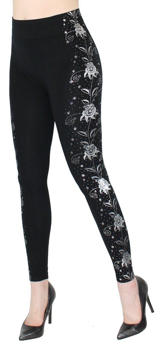 Druck Glanz Muster Bund, Damen Leggins elastischem Leggings Leggings JL647-SideRoseSilver Hochbund Highwaist dy_mode mit Glitzer mit Schmetterling