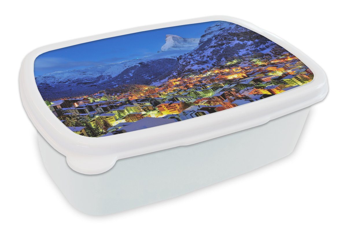 in Kinder und und Schweizer dem MuchoWow weiß Erwachsene, Lunchbox Brotbox Jungs Kunststoff, (2-tlg), für für Sonnenaufgang Mädchen Brotdose, Zermatt, Matterhorn über