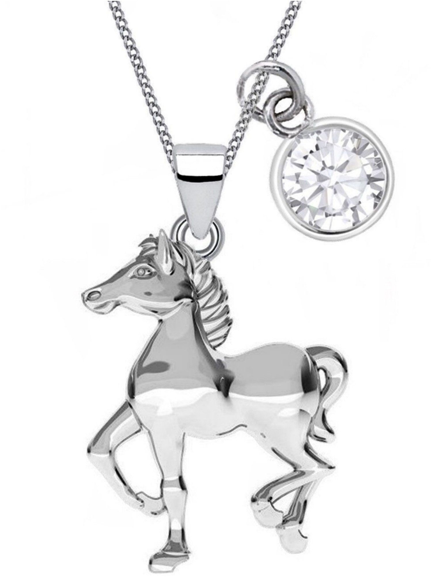 Kette mit Anhänger Pferd Halskette aus 925 Sterling Silber mit Klar Zirkonia Stein