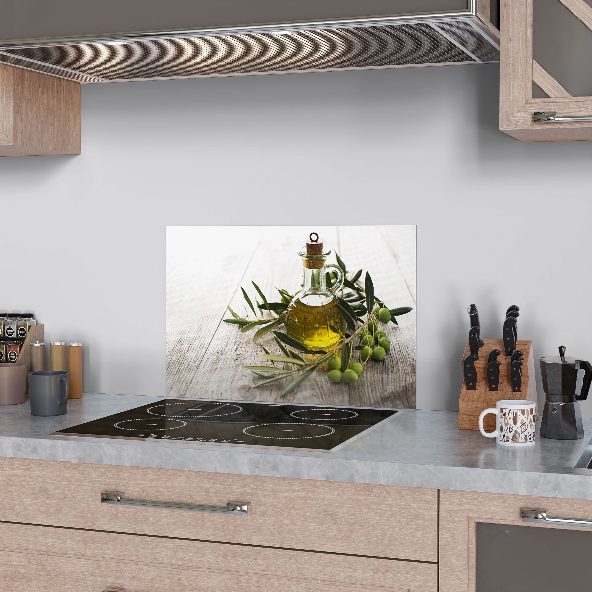 DEQORI Küchenrückwand 'Olivenöl mit Olivenzweig', Glas Spritzschutz Badrückwand Herdblende – Bild 2 von 5