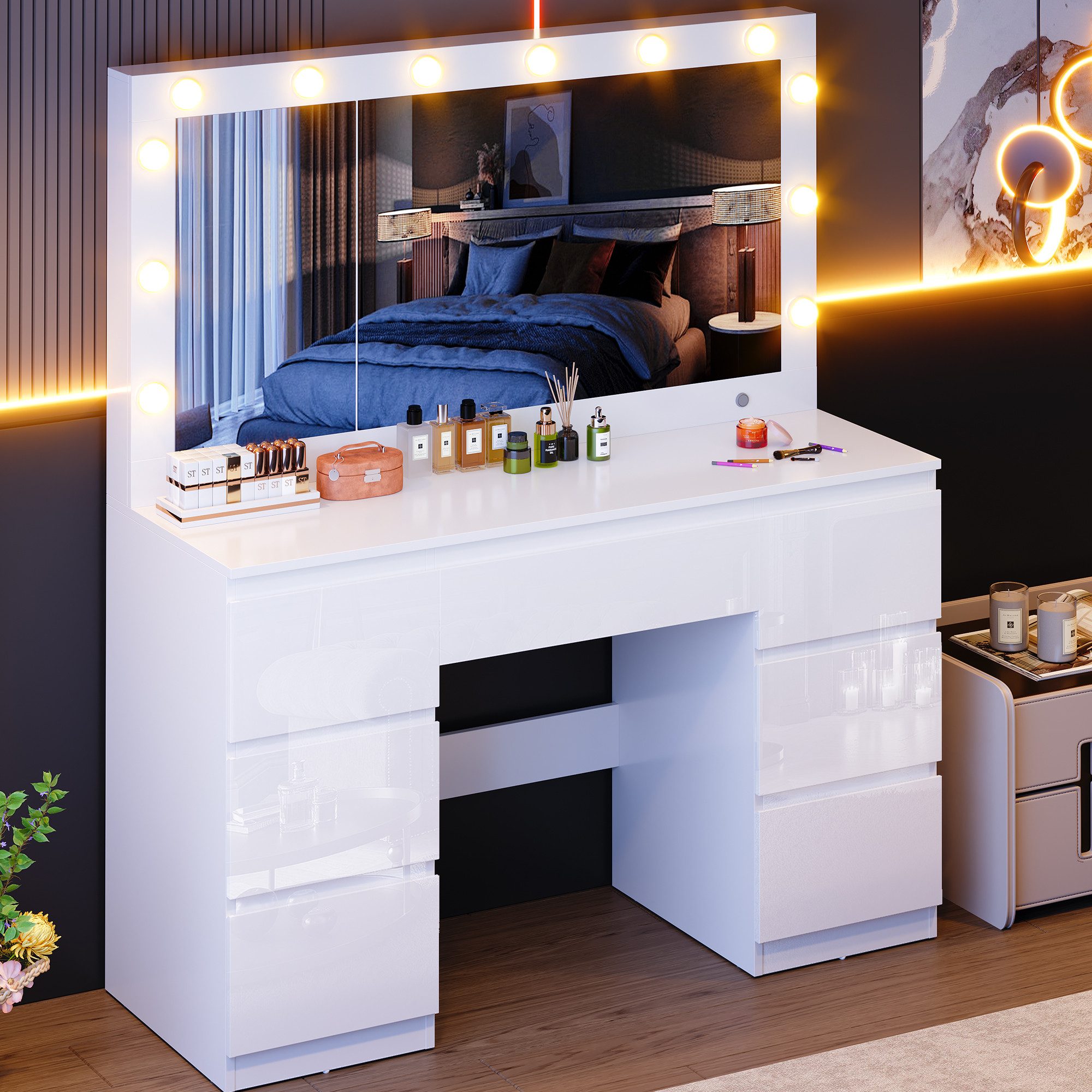 Furnicopia Schminktisch mit 7 Schubladen mit 2 Steckdosen 1 USB-Anschluss 1 günstig online kaufen