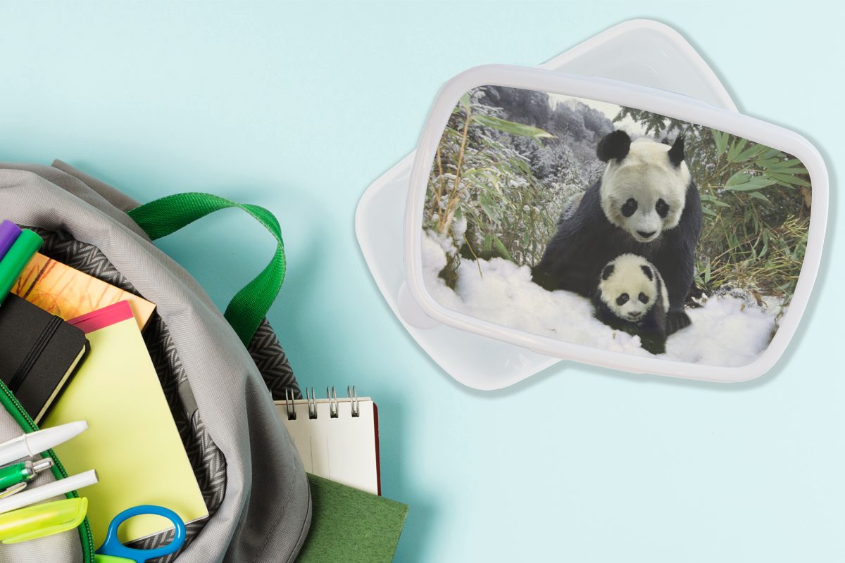 Schnee, für und Brotdose, Lunchbox für Kinder MuchoWow Panda - Kunststoff, weiß Brotbox - Mädchen (2-tlg), und Jungtier Erwachsene, Jungs