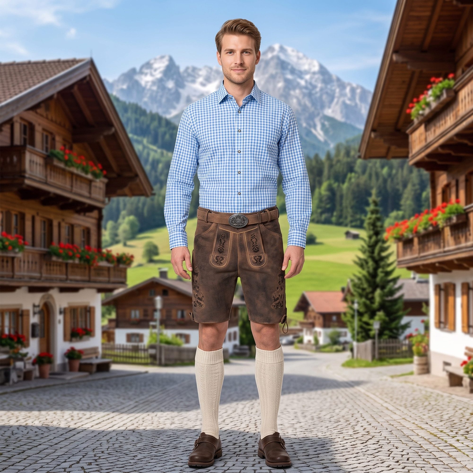 German Wear Trachtenlederhose GW722 kurze Lederhosen Hans 100% Nappa-Wildleder mit Gürtel