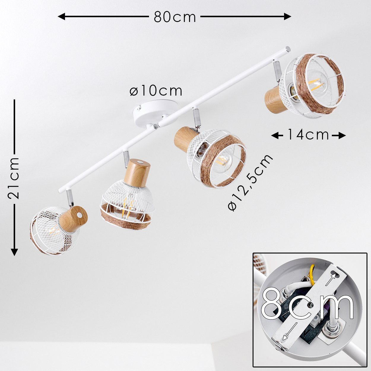 hofstein Deckenleuchte »Nalles« verstellbare Deckenlampe, Metall/Holz/Hanfseil, Weiß/chrom, ohne Leuchtmittel, Lampenschirme dreh-/schwenkbar, 4xE27, Gitter-Optik, Natur