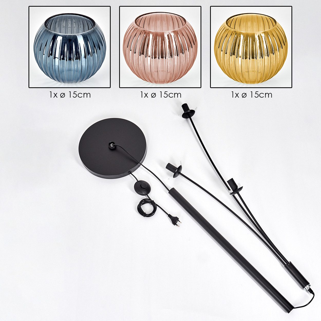 hofstein Stehlampe Stehlampe aus Metall/Riffelglas in Schwarz/Blau/Gold-/Kupferfarben, Stehleuchte Retro/Vintage, Ø Schirme 15 cm, Fußschalter, 170 cm, E14