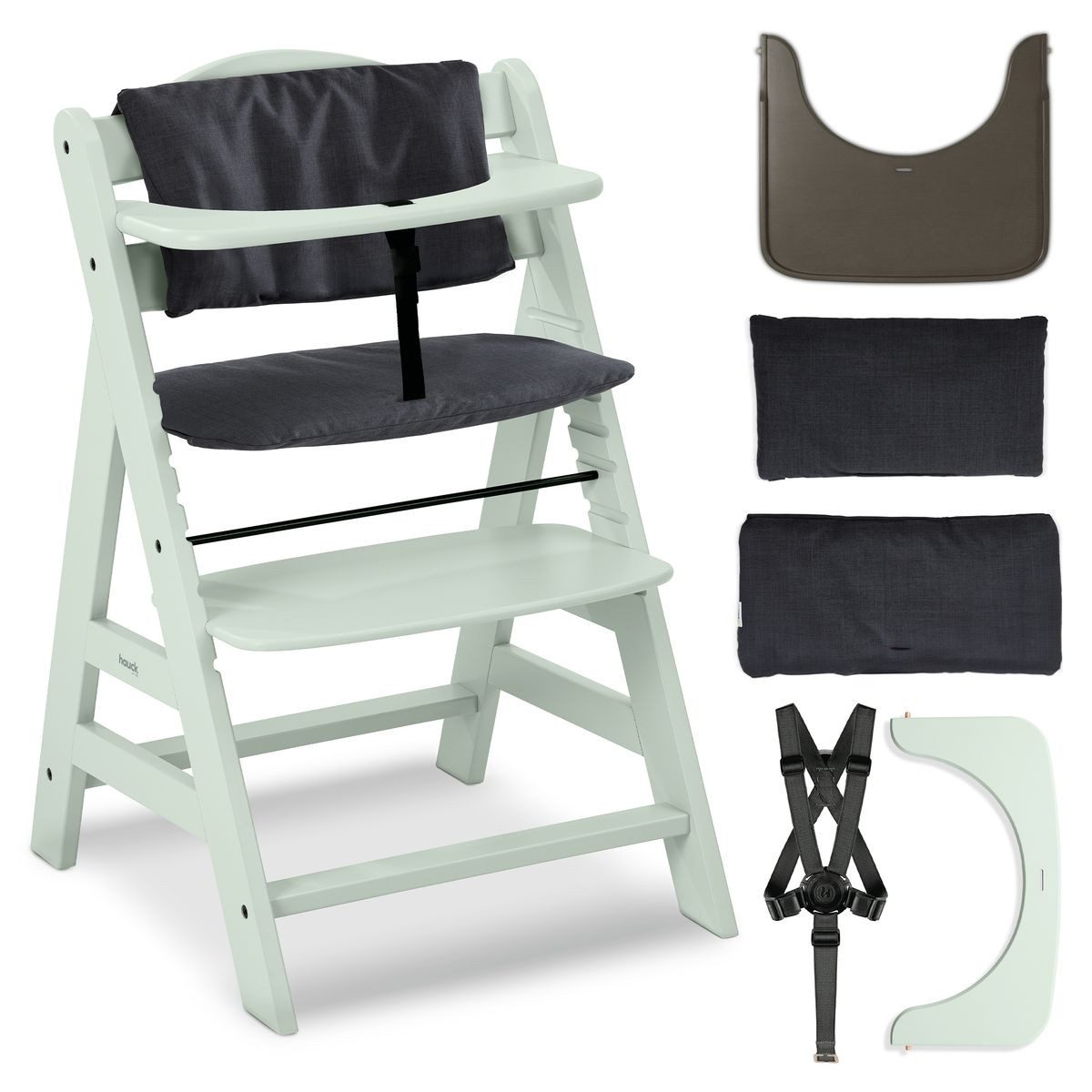 Hauck Hochstuhl Alpha Plus - Mint, Holz Kinderhochstuhl verstellbar mit Essbrett Wooden Tray & Sitzkissen