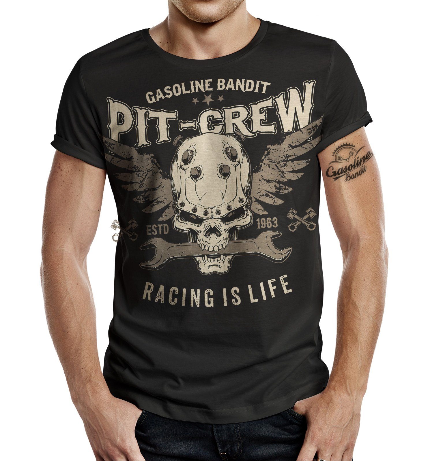 Racer im GASOLINE Schrauber Pit BANDIT® - T-Shirt Design: Crew Big-Size Print