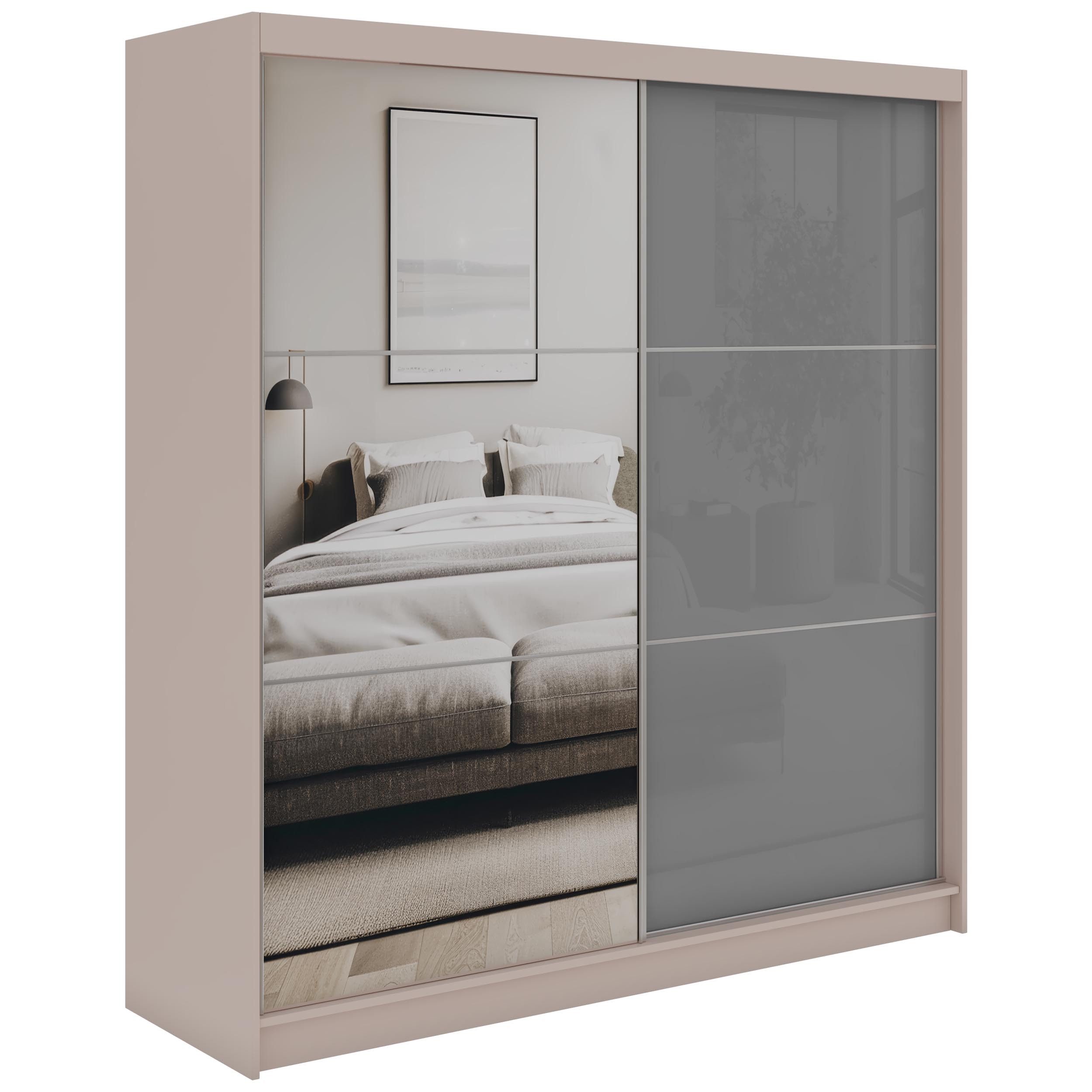 MKS MÖBEL Schiebetürenschrank WALENCJA 200 (Kleiderschrank mit Spiegel und Lacobel, mit Schiebetüren) Schlafzimmerschrank mit Stauraum, 216 cm hoch, 61 cm tiefe