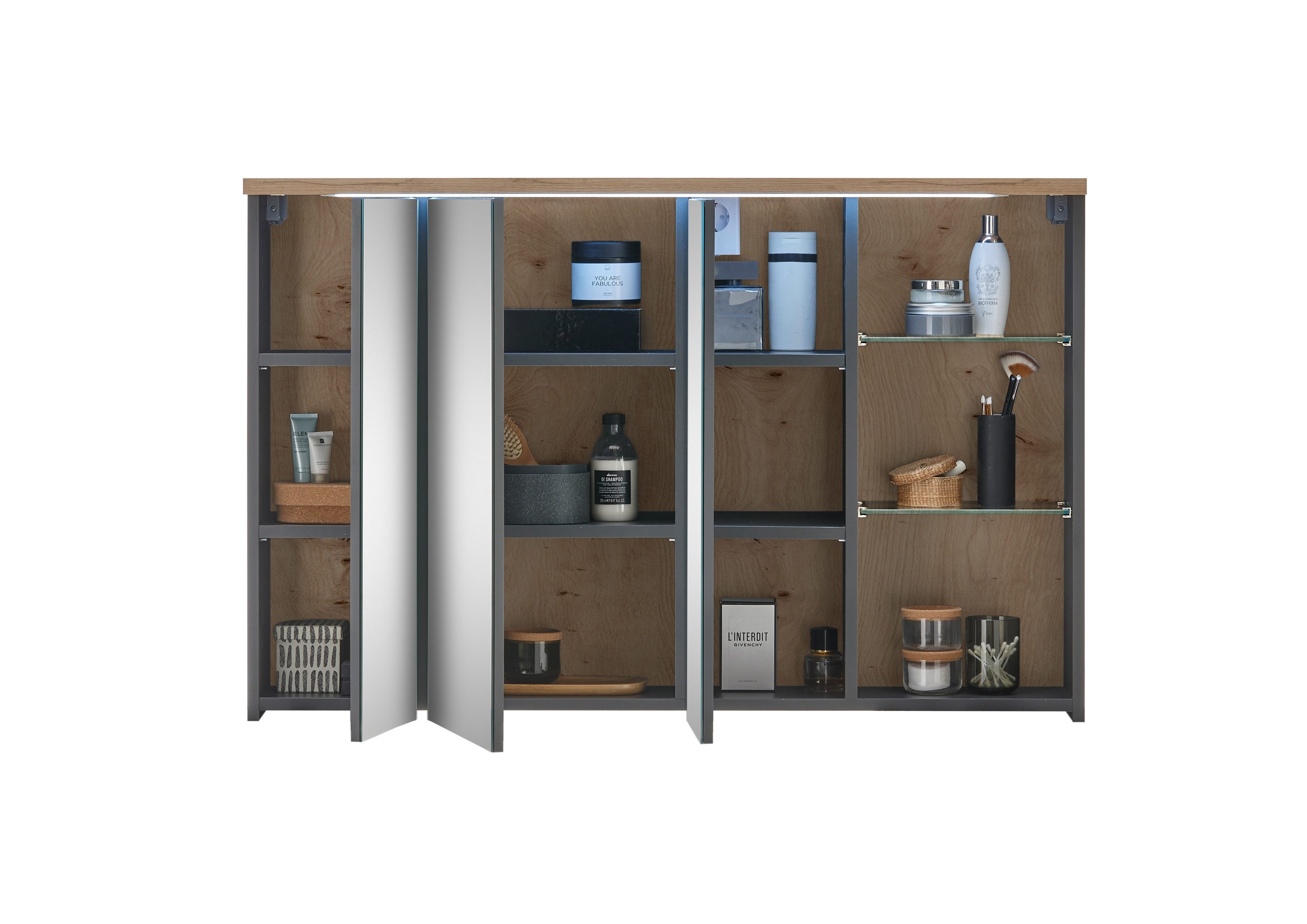 PREISBRECHER Badezimmerspiegelschrank Memphis Grau / Artisan Eiche Dekor - 110x70x20 (BxHxT) – Bild 4 von 5