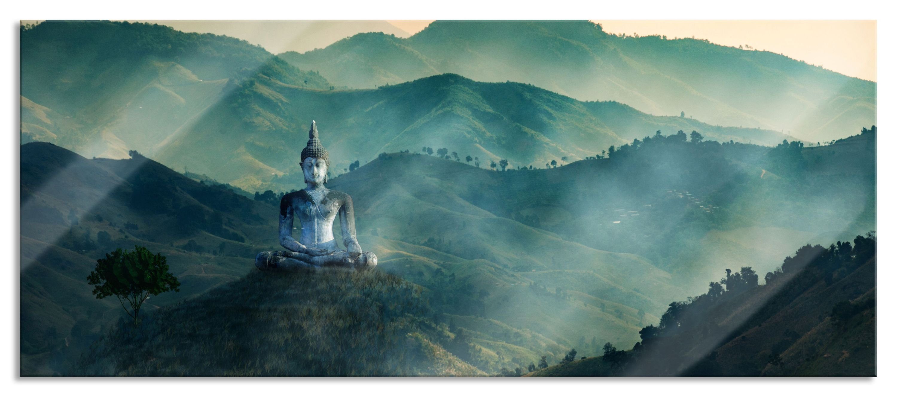 Pixxprint Glasbild Buddha im Tal der Dunkelheit, Buddha im Tal der Dunkelheit (1 St), Glasbild aus Echtglas, inkl. Aufhängungen und Abstandshalter