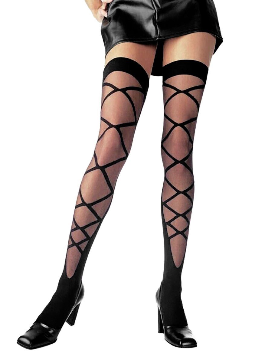 Leg Avenue Socken Schwarze Overknees mit Schnürmuster Lange Feinstrümpfe mit aufgedruckter Kreuzschnürung