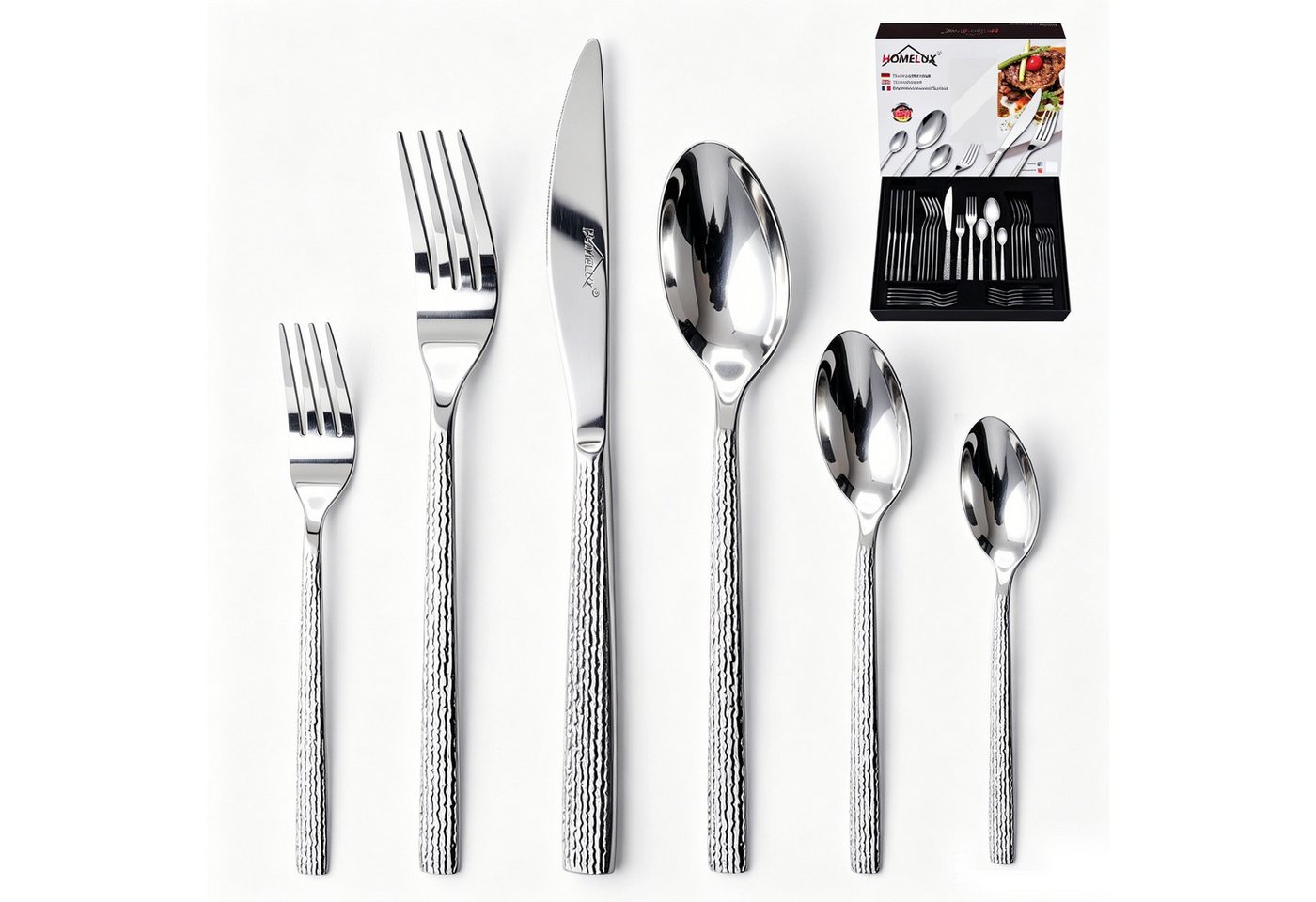 HOMELUX Besteck-Set Besteck set elegante Optik, ergonomische Haptik, Wellenschliff-Messer (72-tlg), 12 Personen, Edelstahl, Spiegelpoliert,spülmaschinengeeignet,hochwertiger Besteckkasten