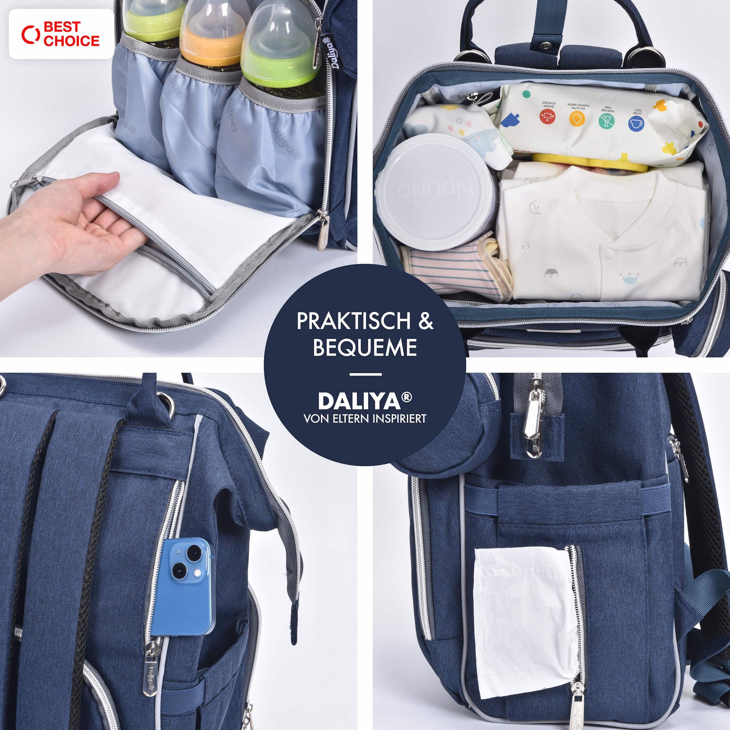 Daliya® Wickeltasche PAKMI Wickelrucksack, Kinderwagentaschen, Mamabag (Set, 5-tlg., Befestigungsriemen), Thermofächer, Schnuller Aufbewahrung, Wickelunterlage, hochwertig