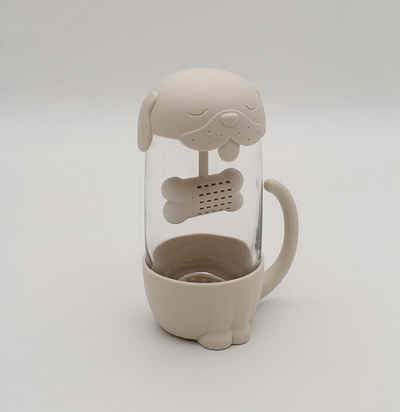 Winkee Teeglas Teetasse Hund mit integriertem Tee Ei, Glas, mit Kunststoff Deckel, für ca. 280 ml