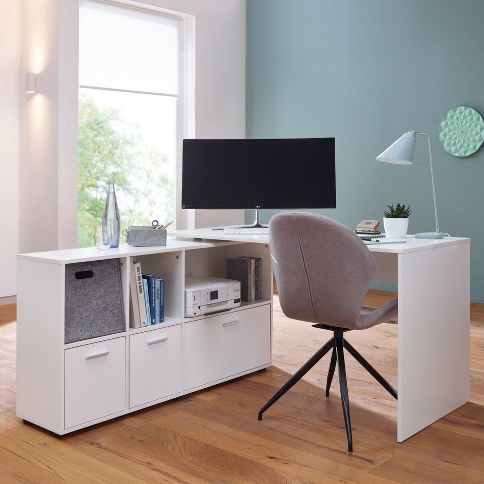 FINEBUY Schreibtisch SuVa11915_1 (Eckschreibtisch 136 x 75,5 x 155,5 cm  Weiß), Bürotisch Sideboard, HomeOffice Schreibtischkombi