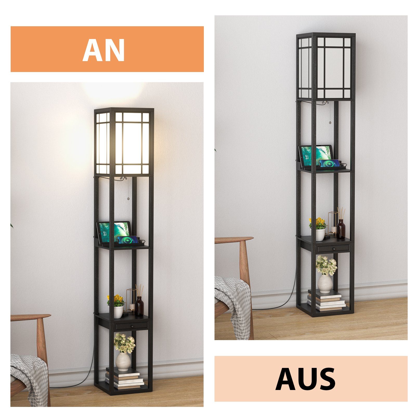 COSTWAY Stehlampe, ohne Leuchtmittel, Warmweiß, ohne Leuchtmittel, Warmweiß, mit 3-Ebenen, 160x26x26cm