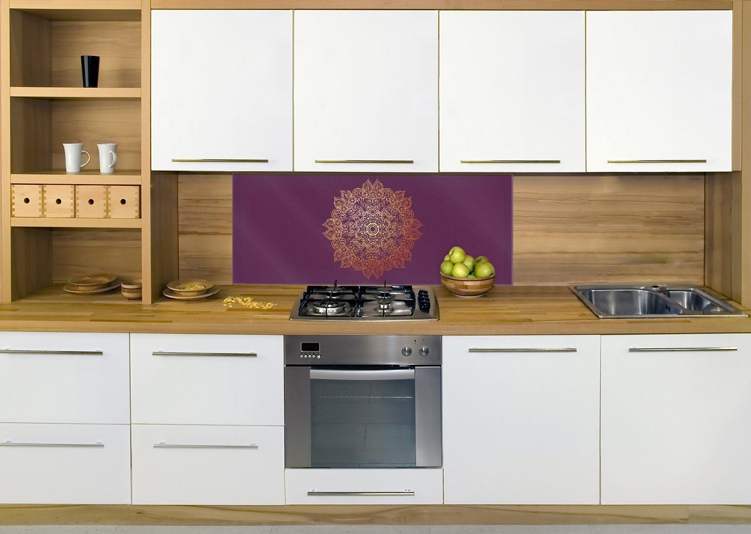 Wallario Küchenrückwand goldenes (1-tlg) Mandala violettem auf Hintergrund