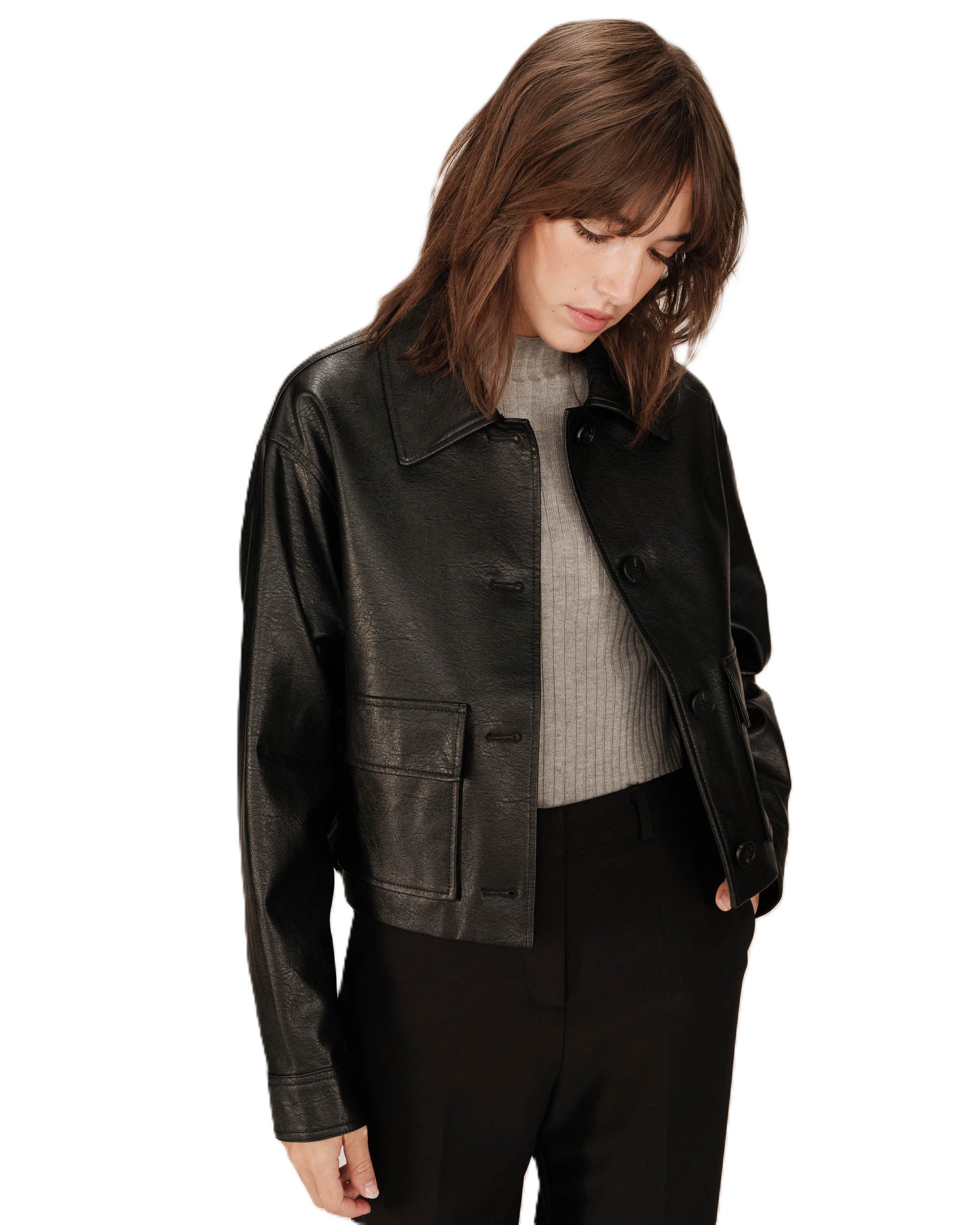 Grace & Mila Lederjacke Faux leather Jacket SOLANGE - Damen Kunstlederjacke kurz - Lederimitat in Unifarbe, Kunstleder, gefüttert