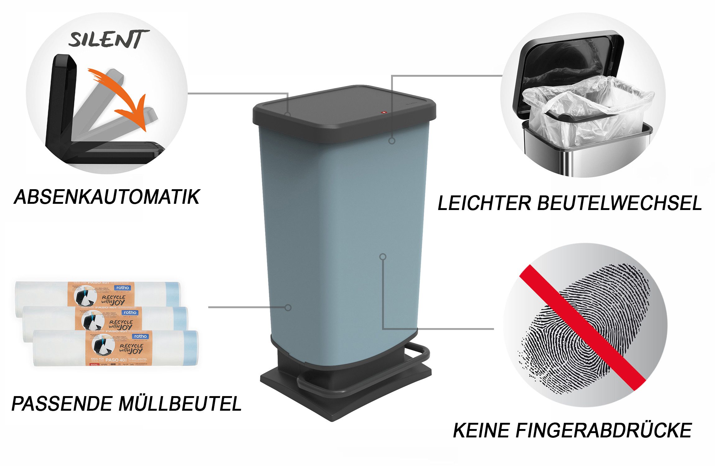 ROTHO Mülleimer Paso Mülleimer 40l mit Deckel, Kunststoff (PP recycelt), hergestellt in der Schweiz