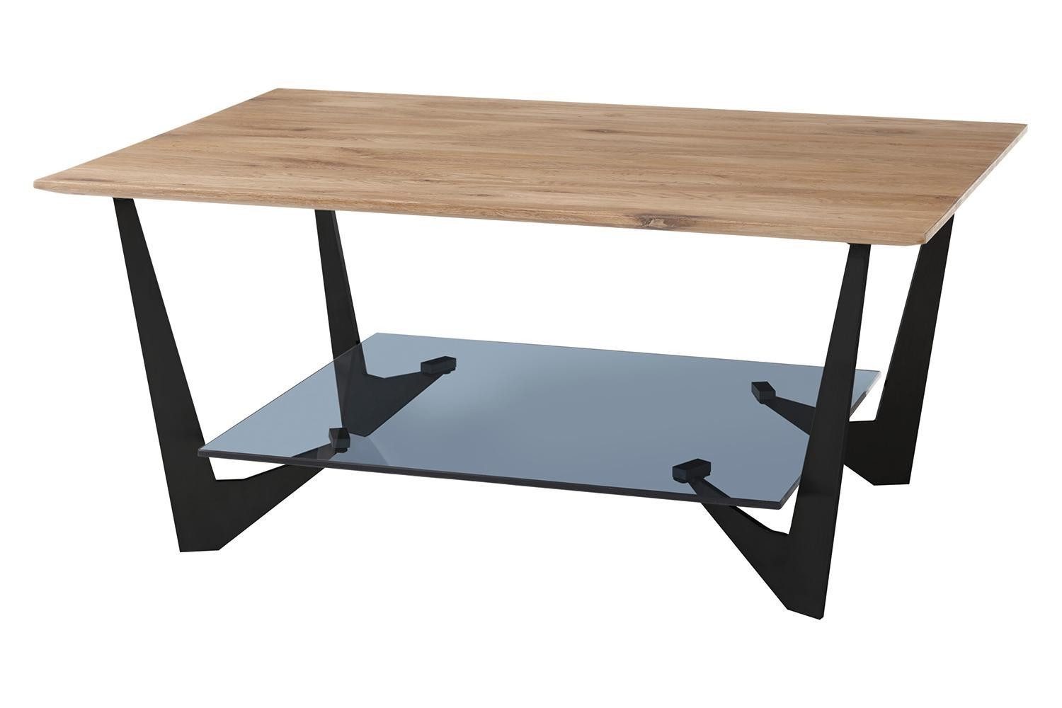 Couchtisch LEON, Braun, Grau, Schwarz, Eichenholz massiv, Metall, Ablageboden aus Glas, B 90 x H 40 x T 60 cm