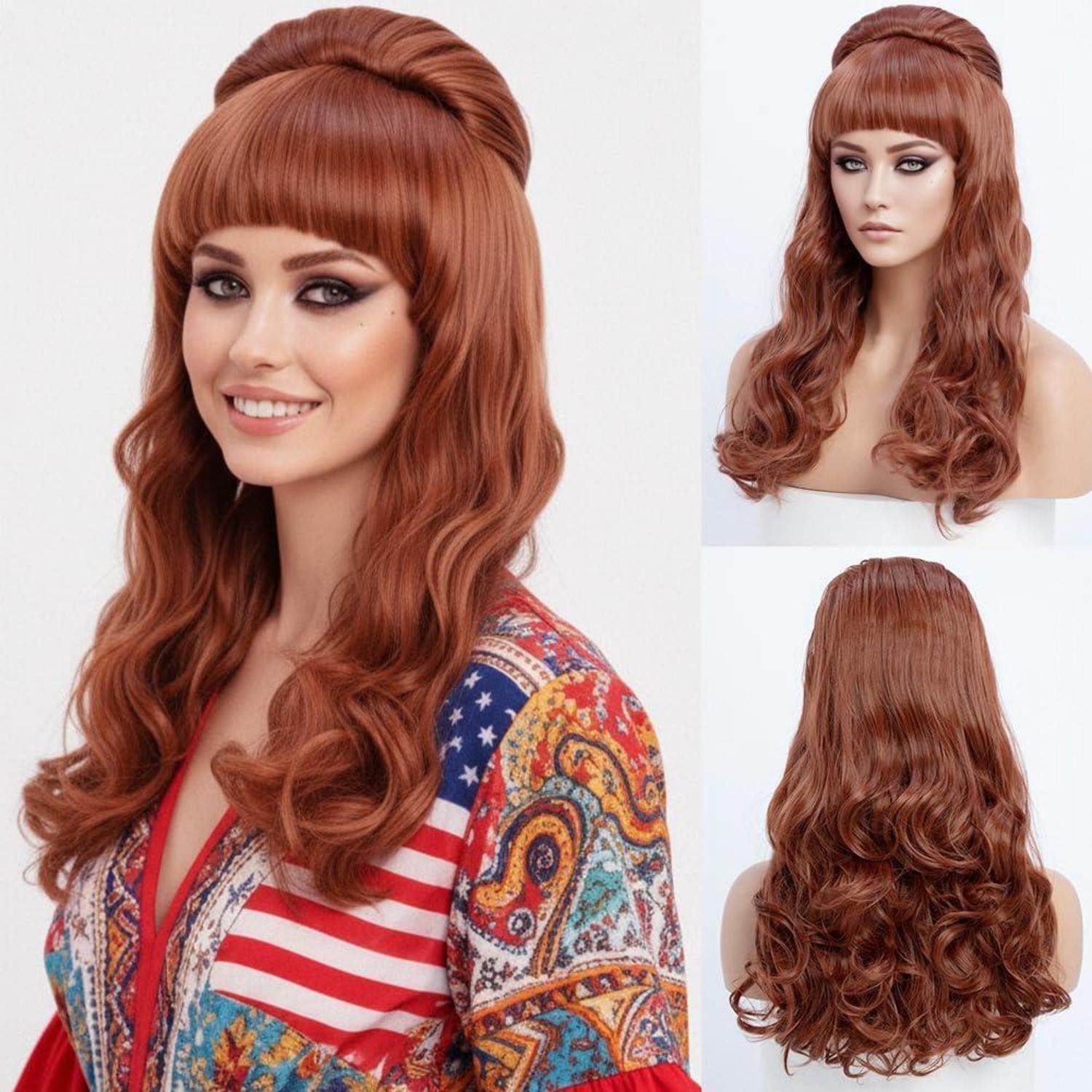 Kostüm-Perücke Perücke Damen Vintage Bienenstock Pony Gewellt Locken 60cm kupferrot