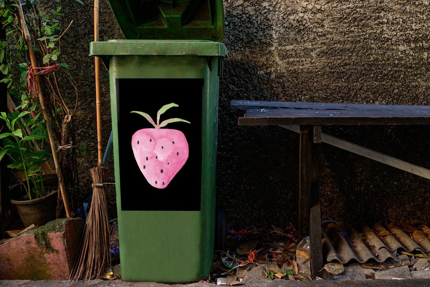 - Schwarz MuchoWow Mülltonne, Rosa - Container, St), Mülleimer-aufkleber, Wandsticker (1 Erdbeere Sticker, Aquarell - Abfalbehälter