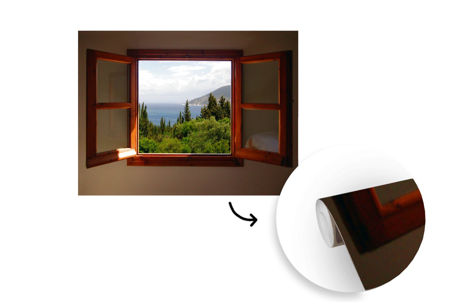 MuchoWow Fototapete Ansichten in Griechenland, Schlafzimmer, Wohnzimmer, für bedruckt, Vinyl (6 St), Tapete Wallpaper Kinderzimmer, Matt