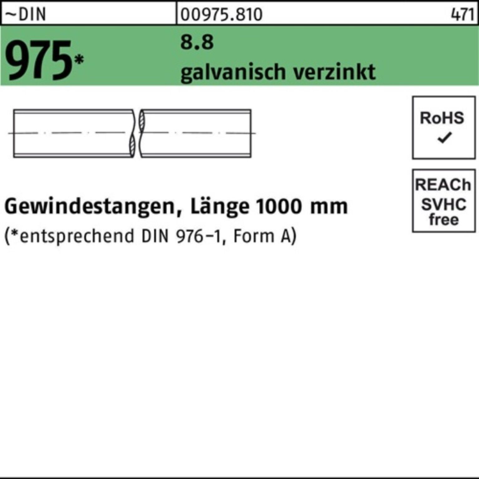 Reyher Gewindestange 1000mm Pack Gewindestange galv.verz. 8.8 M22x 100er 975 DIN 1 ~ Stück