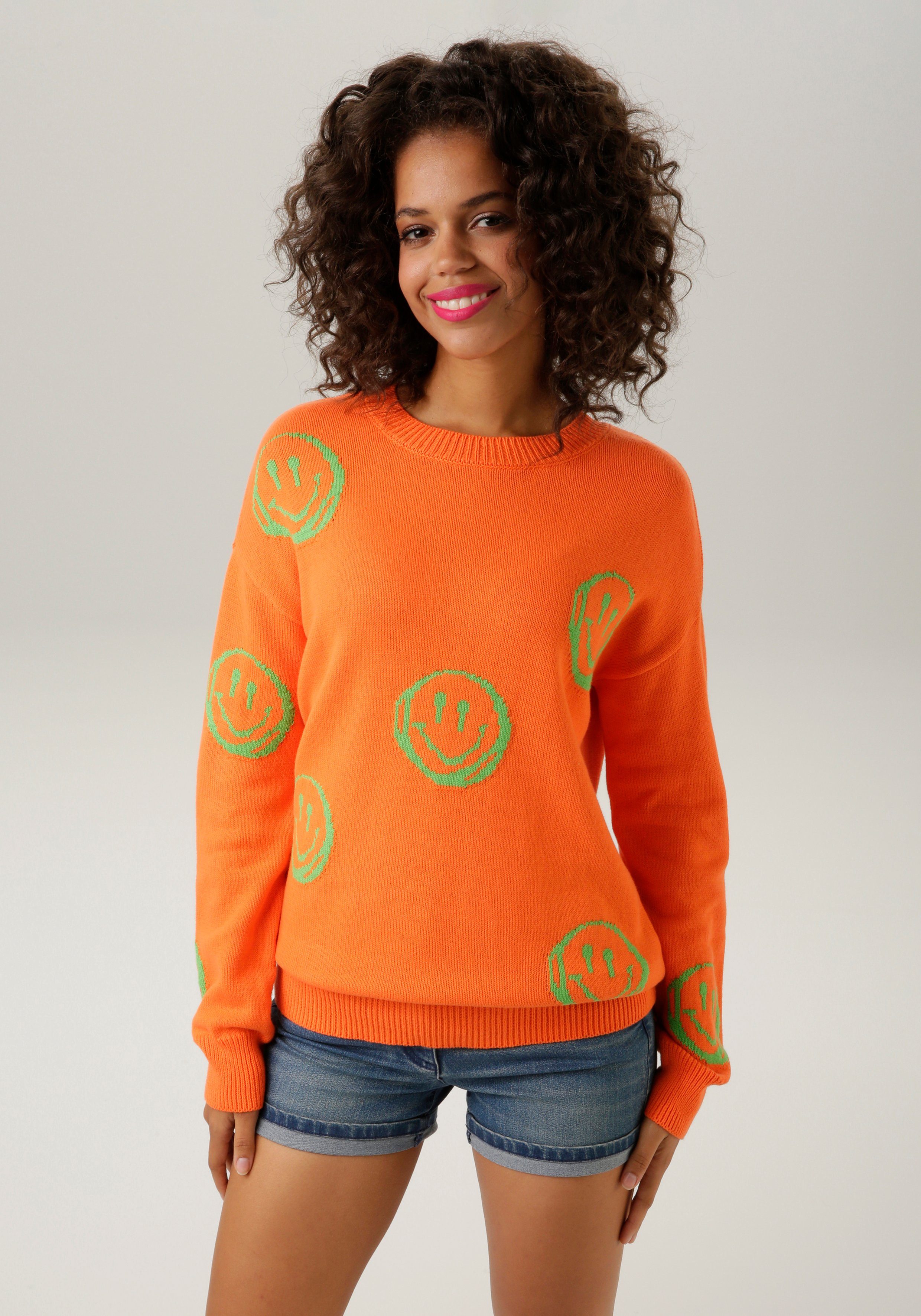 orange-apfelgrün mit - Smileys CASUAL eingestrickten Aniston KOLLEKTION Strickpullover NEUE