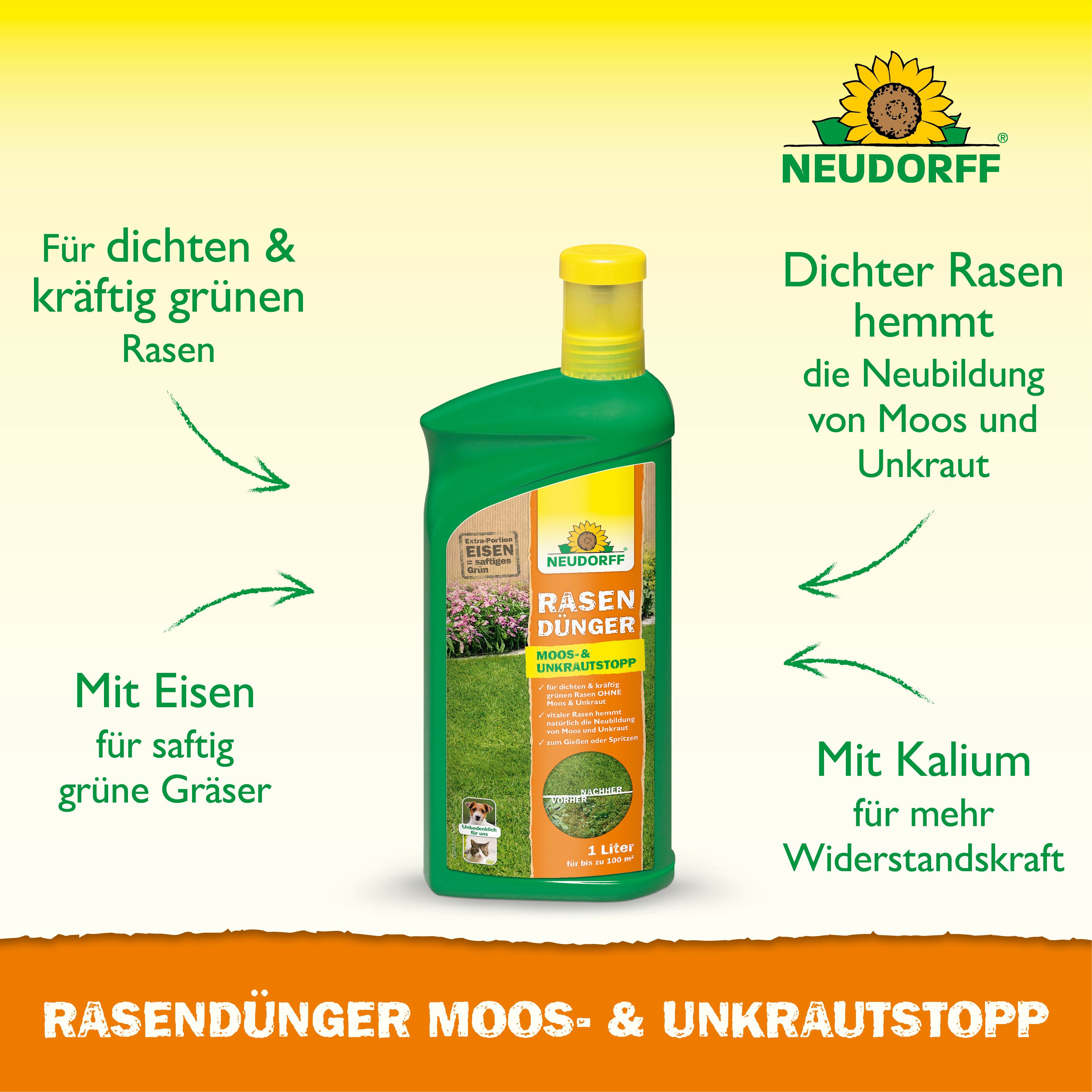 Neudorff Rasendünger Rasendünger Moos-& UnkrautStopp 1l für 100 m², Konzentrat zum Gießen & Spritzen für bis zu 100 m², Flüssiger Rasendünger mit 1,8 % wasserlö – Bild 2 von 5
