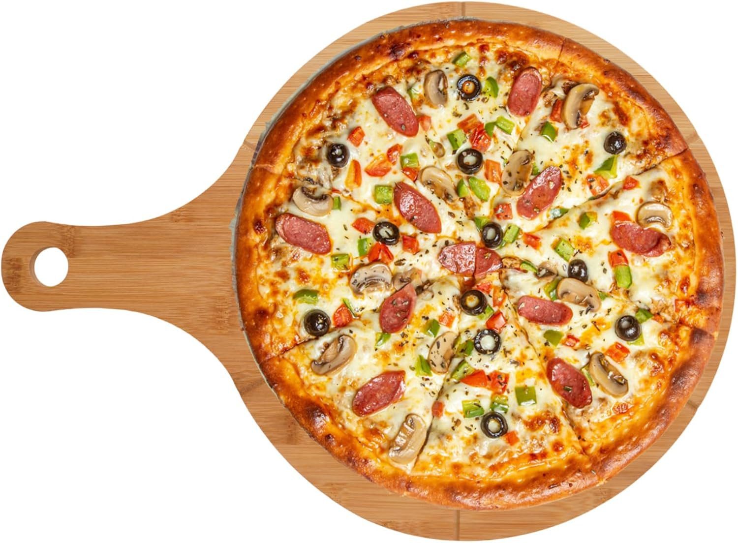 hausleben Pizzaschneidebrett Pizzateller Pizzabrett aus Bambus Doppelpack, Bambus Pizzabrett, (2-St), pizzaservierbrett schneiderbrett mit Griff