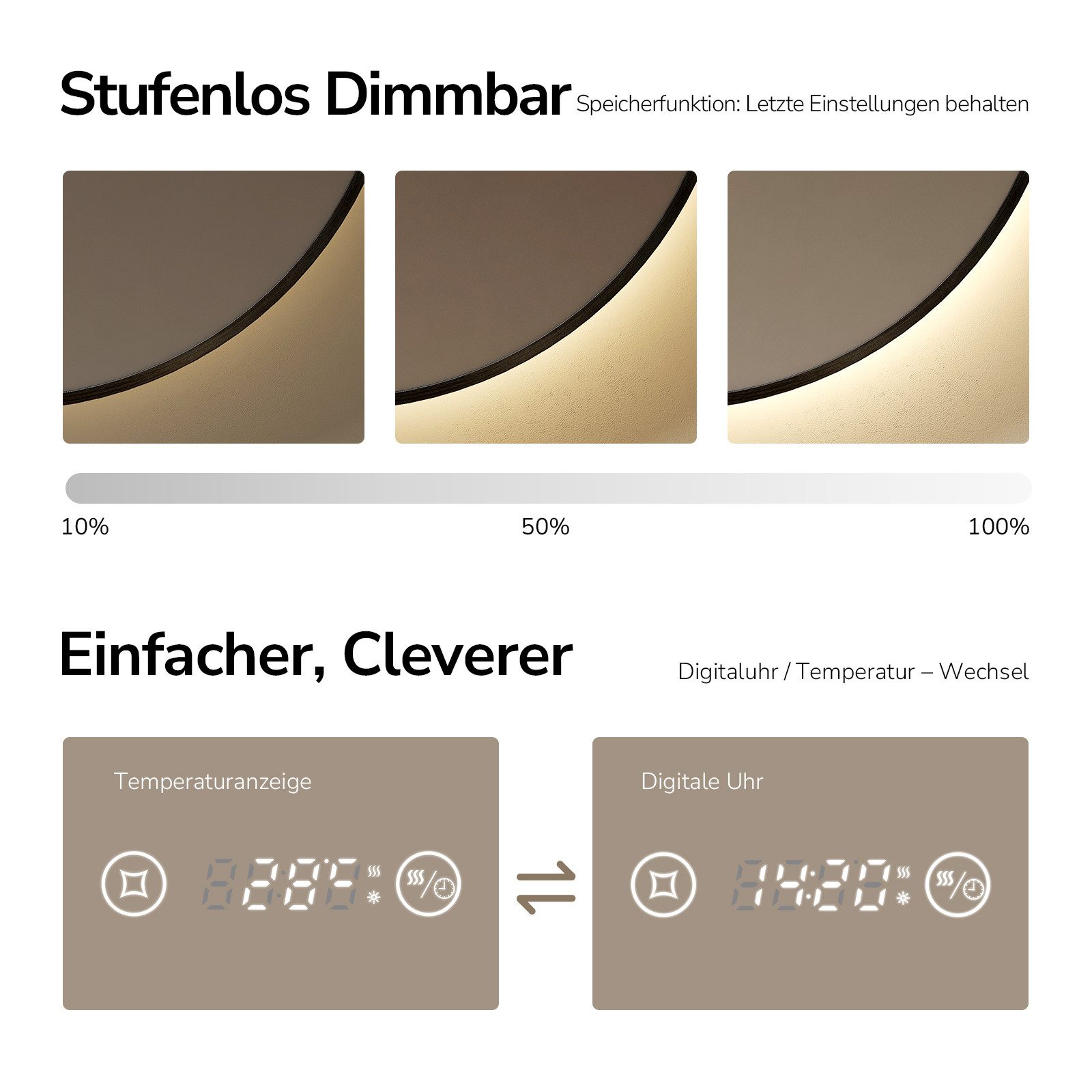 EMKE Badspiegel mit Beleuchtung und Antibeschlag, Uhr & Temperaturanzeige (Touchschalter), Rahmen in Schwarz, Gold gebürstet oder Dunkelgrün
