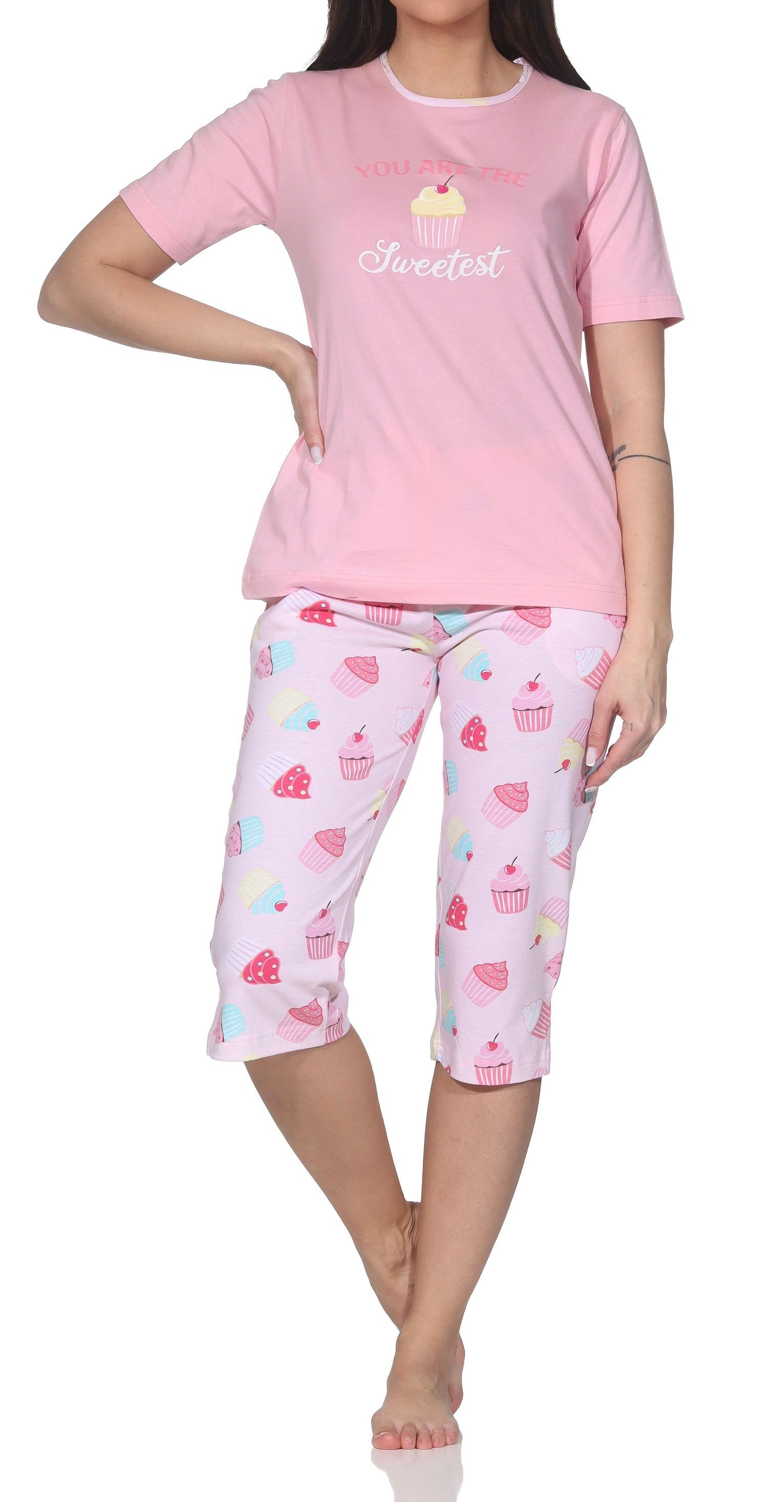 Pyjama Normann Damen Capri kurzarm Schlafanzug Shorty – Süßes Cupcake-Motiv