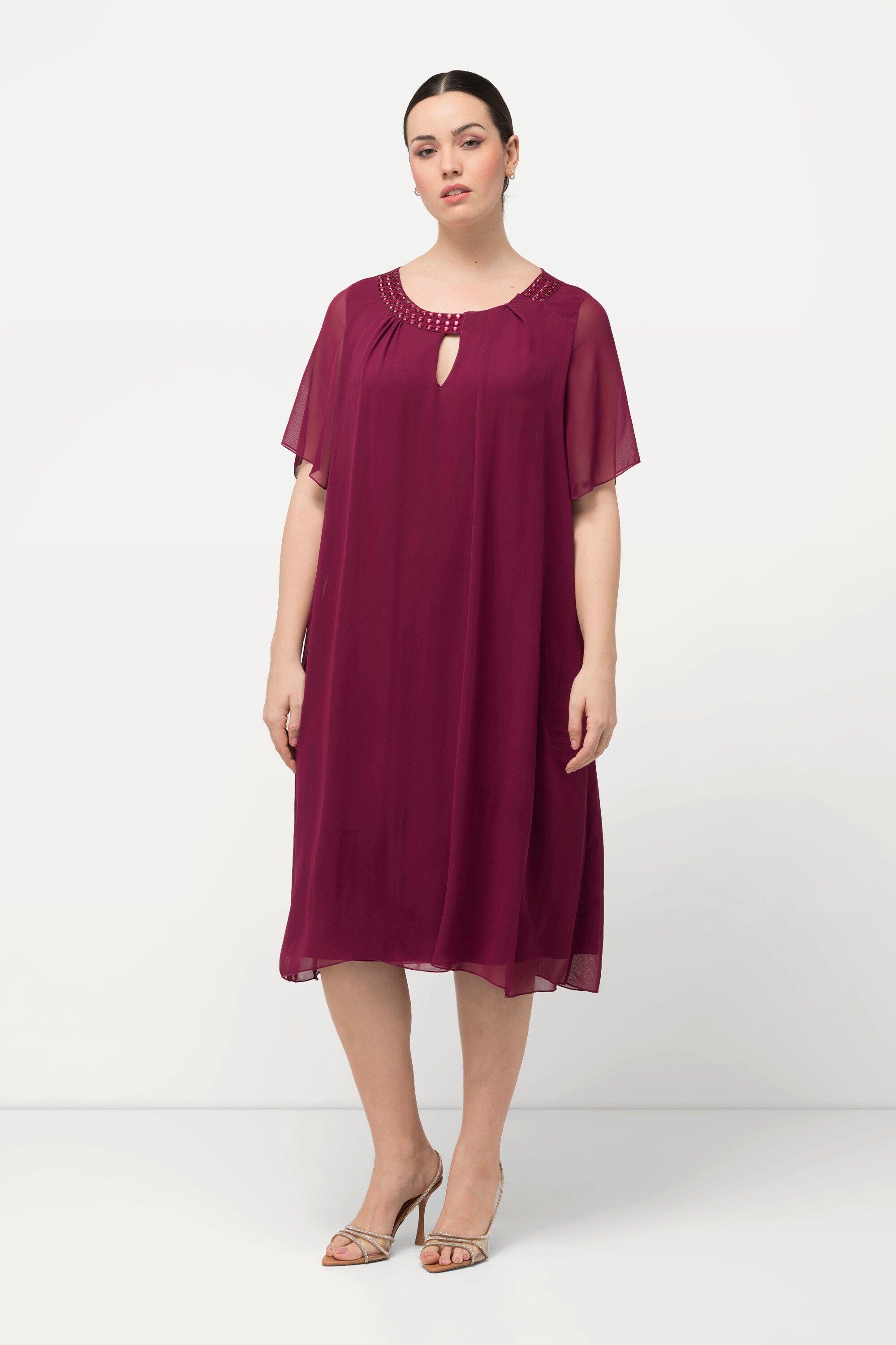 Ulla Popken Cocktailkleid Chiffonkleid Schmucksteine A-Linie Rundhals