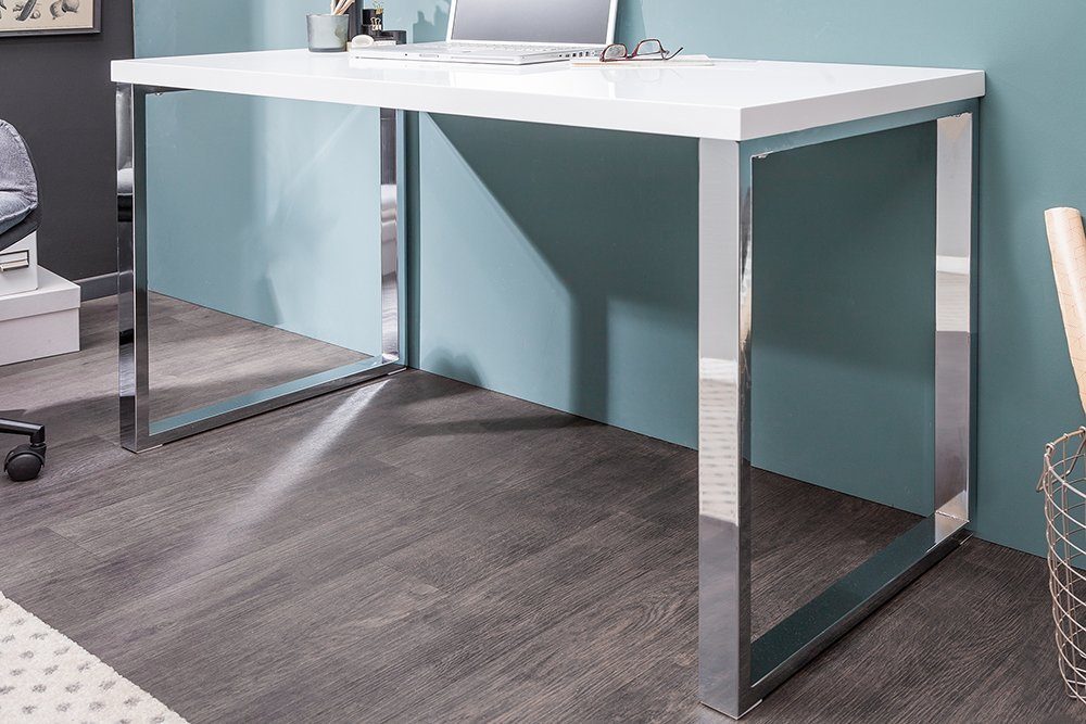 riess-ambiente Schreibtisch WHITE DESK Design weiß / · Modern Arbeitszimmer Hochglanz silber, · Office · Metall 120cm · Home