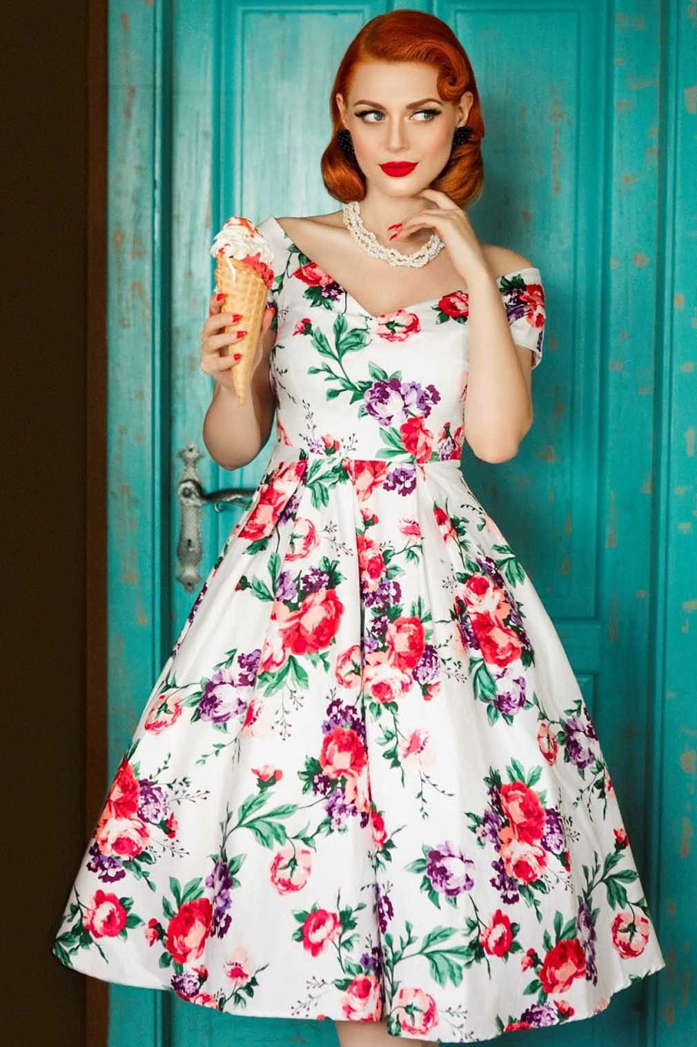 Dolly and Dotty A-Linien-Kleid Lily White Floral Off-Shoulder Vintage Retro günstig online kaufen