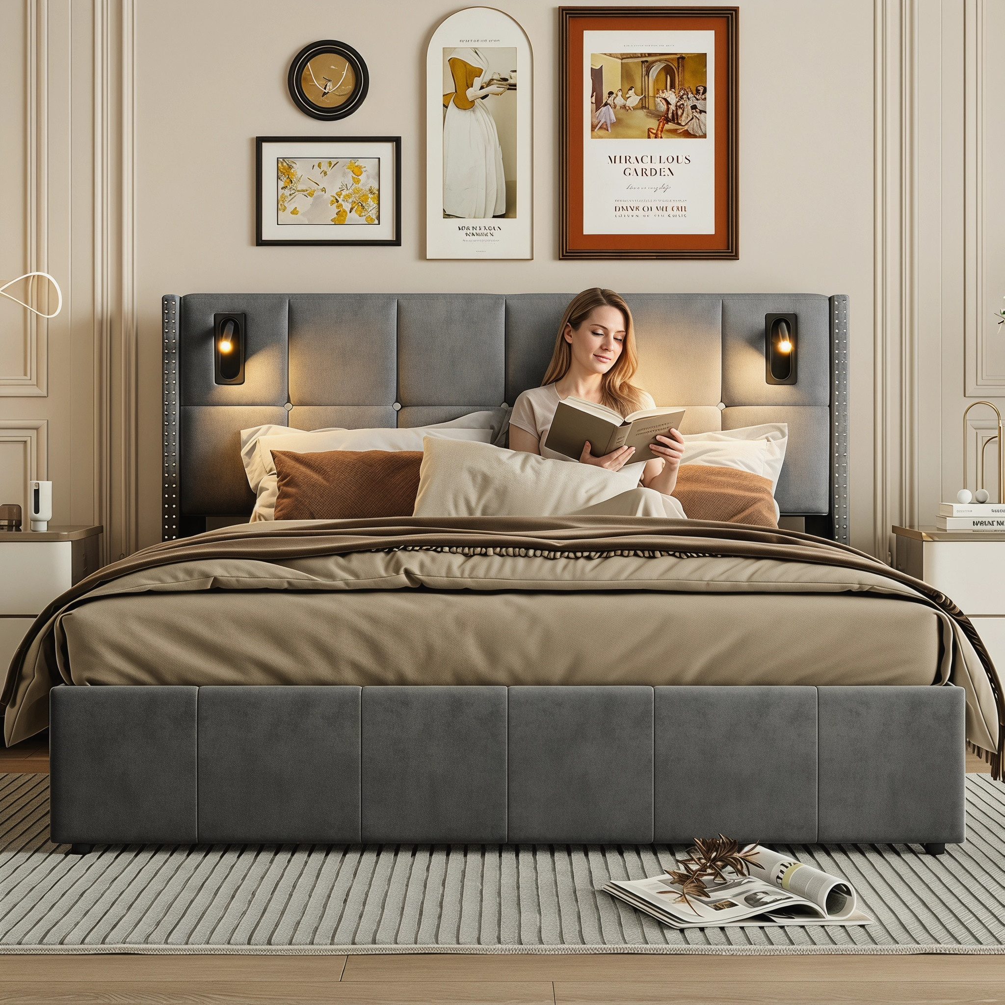 PXloue Stauraumbett Polsterbett Doppelbett, mit bettkasten und Lattenrost,Samtstoff,Leselicht,160x200 cm – Bild 2 von 5