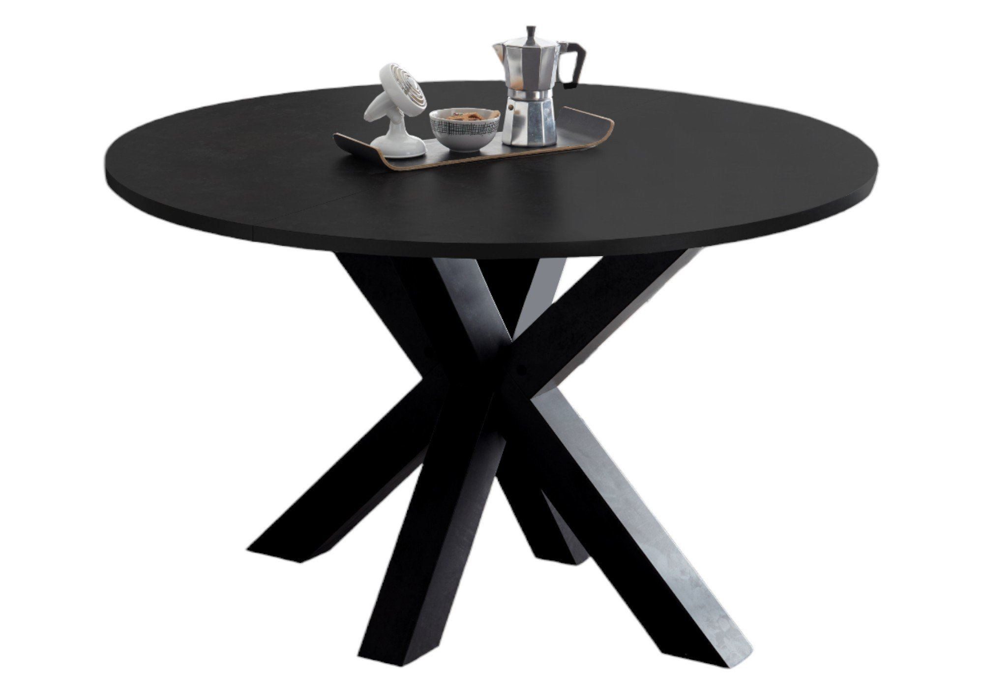 58 aufm Kessel Esstisch Rund ausziehbar Edda 9 Ø 110 cm Küchentisch Schwarzstahl (inkl. Lieferung, Esszimmertisch), Esszimmertisch erweiterbar auf 150 cm 4-Fuß Gestell in Sternfom