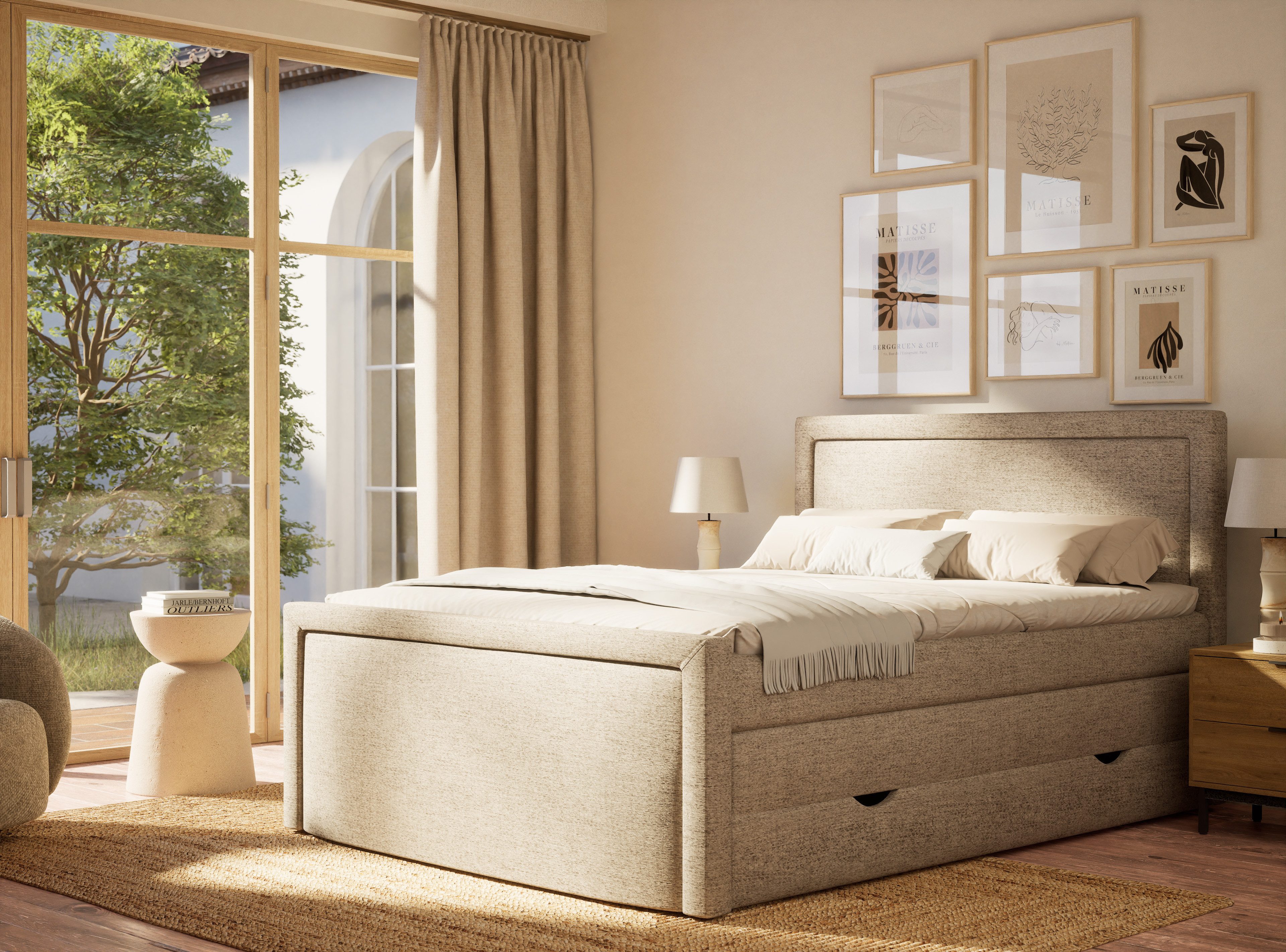 Maison de Rêve Boxspringbett Fresco (Komplettbett mit Matratzen, Kopfteil und Topper), Boxspringbett mit Stauraum, Webstoff
